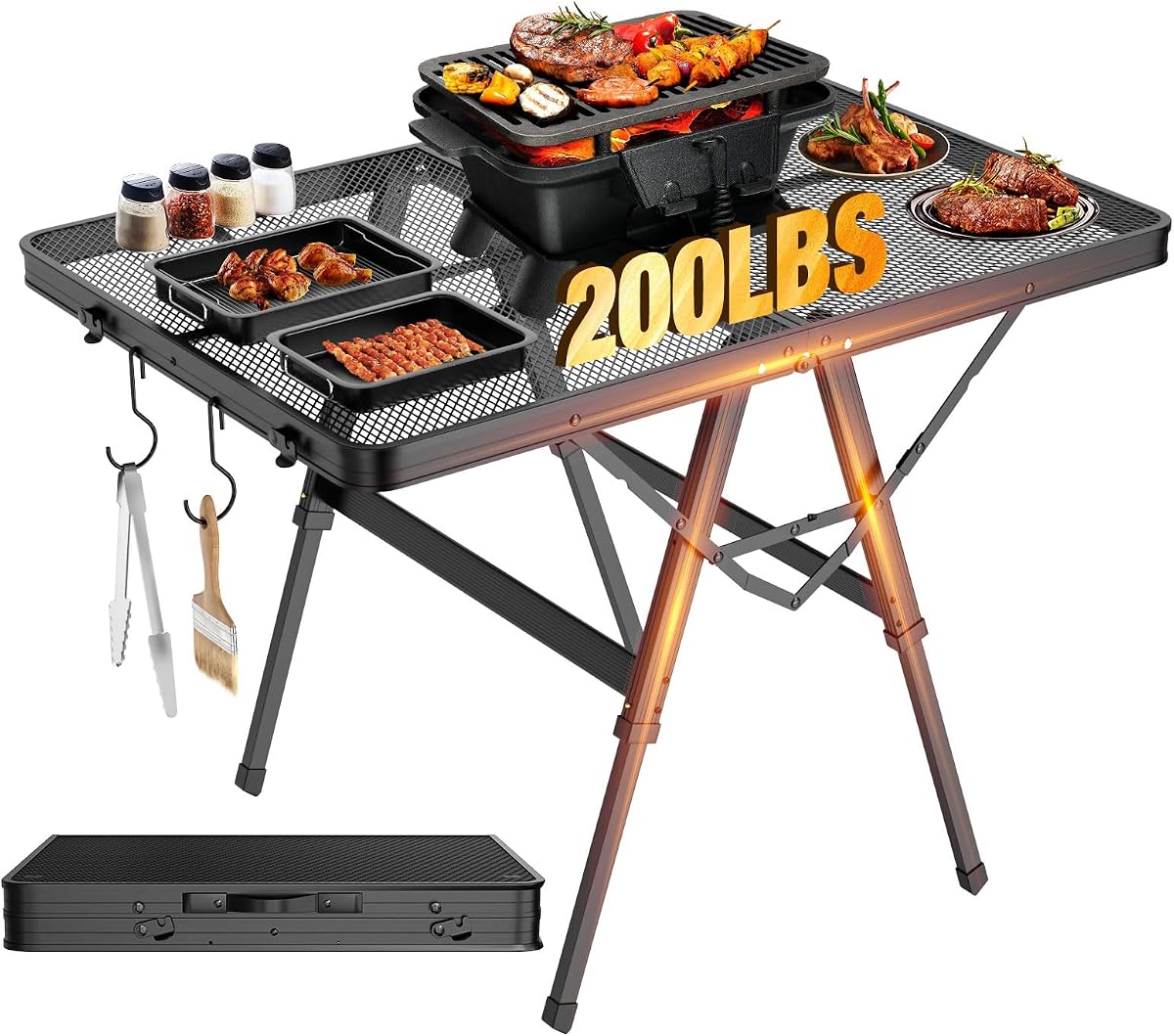 Raynesys Foldable Grill Table with Mesh Desktop, 200lbs 3Ft Portable Folding Table, Height Adjustable Metal Table for Ourdoor, Camping, Picnic, BBQ and Beach, RV, 35.4" L x 23.6" W