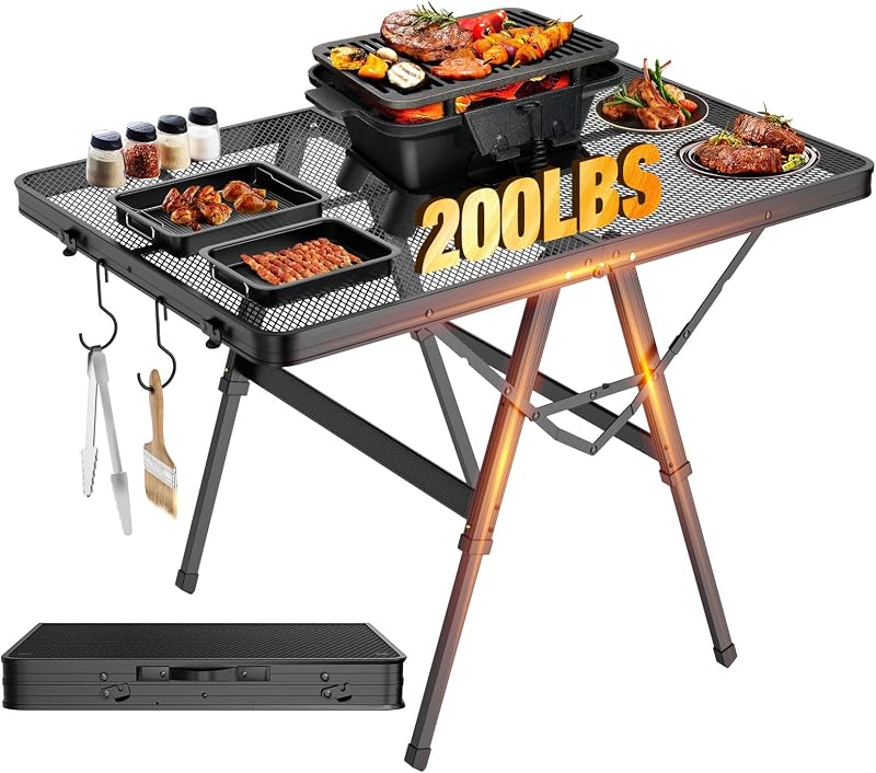 Portable Folding Grill Table for Ourdoor, Camping, Picnic, BBQ | Foldable Grill Table with Mesh Desktop, 200lbs 3Ft Height Adjustable Metal Table, 35.4" L x 23.6" W