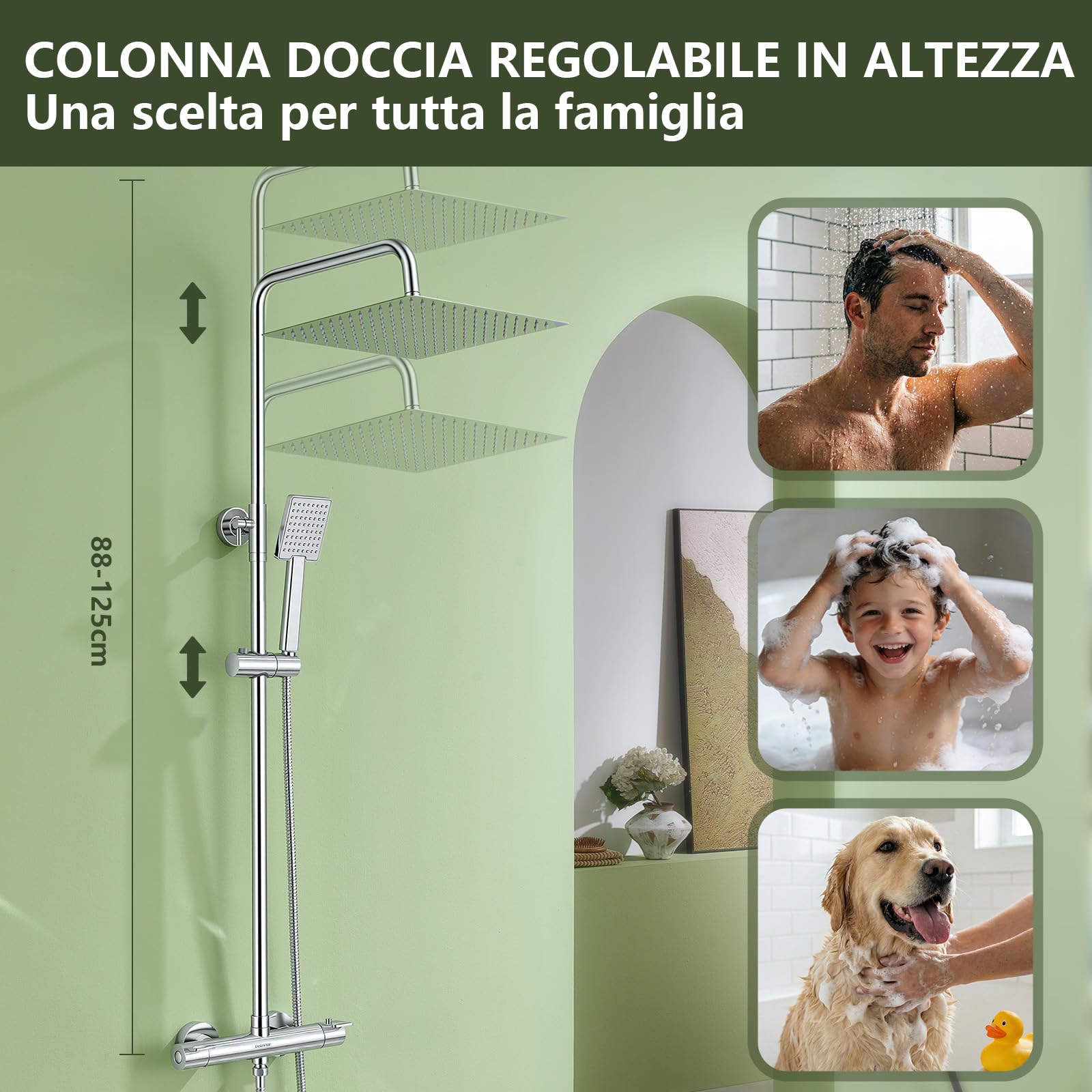 Sistema doccia termostatico in acciaio inox, soffione quadrato 12" (30 cm), doccetta manuale un getto. Set rubinetteria regolabile in altezza, anti-ustione, risparmio idrico