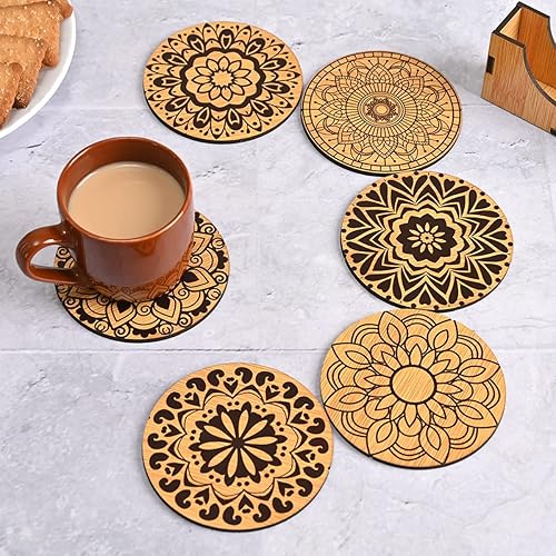 GKD - Juego de 6 posavasos de madera para bebidas, juego de 6 posavasos de mandala de MDF con soporte, 3.5 pulgadas, ecológicos, absorbentes para