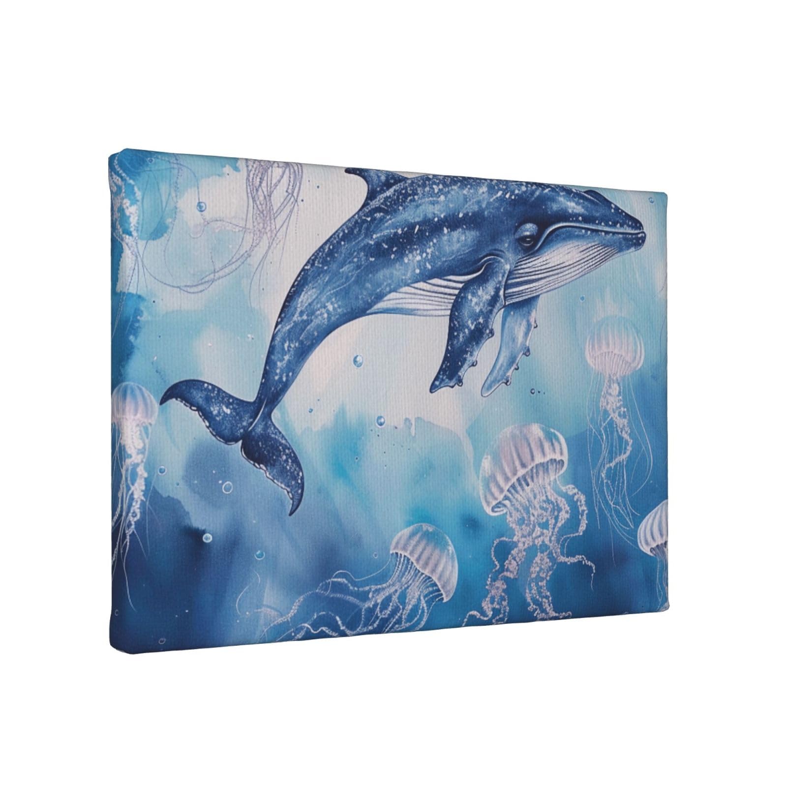 YKLJG Sea whale and jellyfish Printed Wall Art Canvas Painting 30x20 CM Wooden Framed Picture Painting Artwork Prints for Bedroom Kitchen Home Office Decor