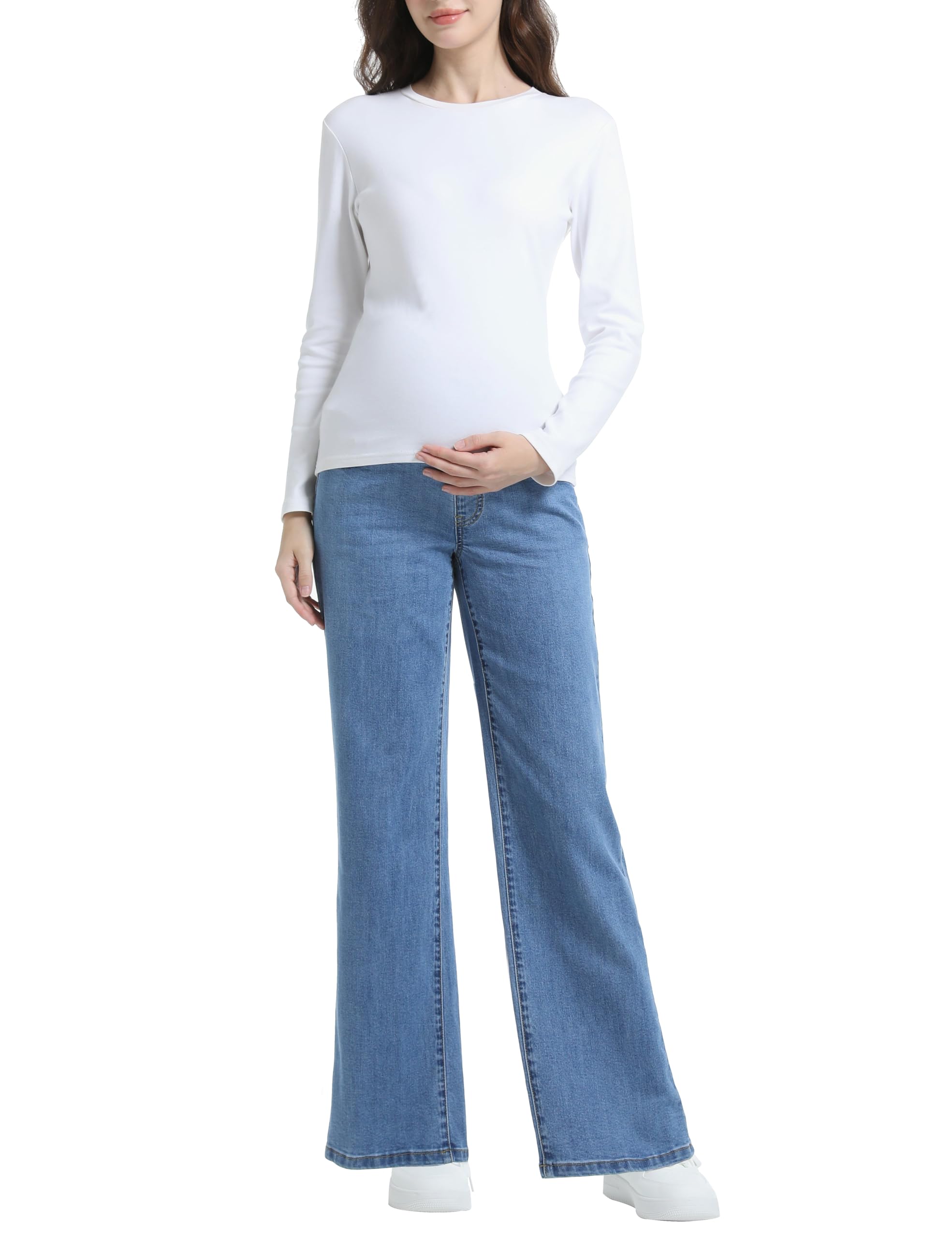 Foucome Jeans premaman da donna a gamba larga, elasticizzati, vestibilità larga, jeans in denim sopra la pancia