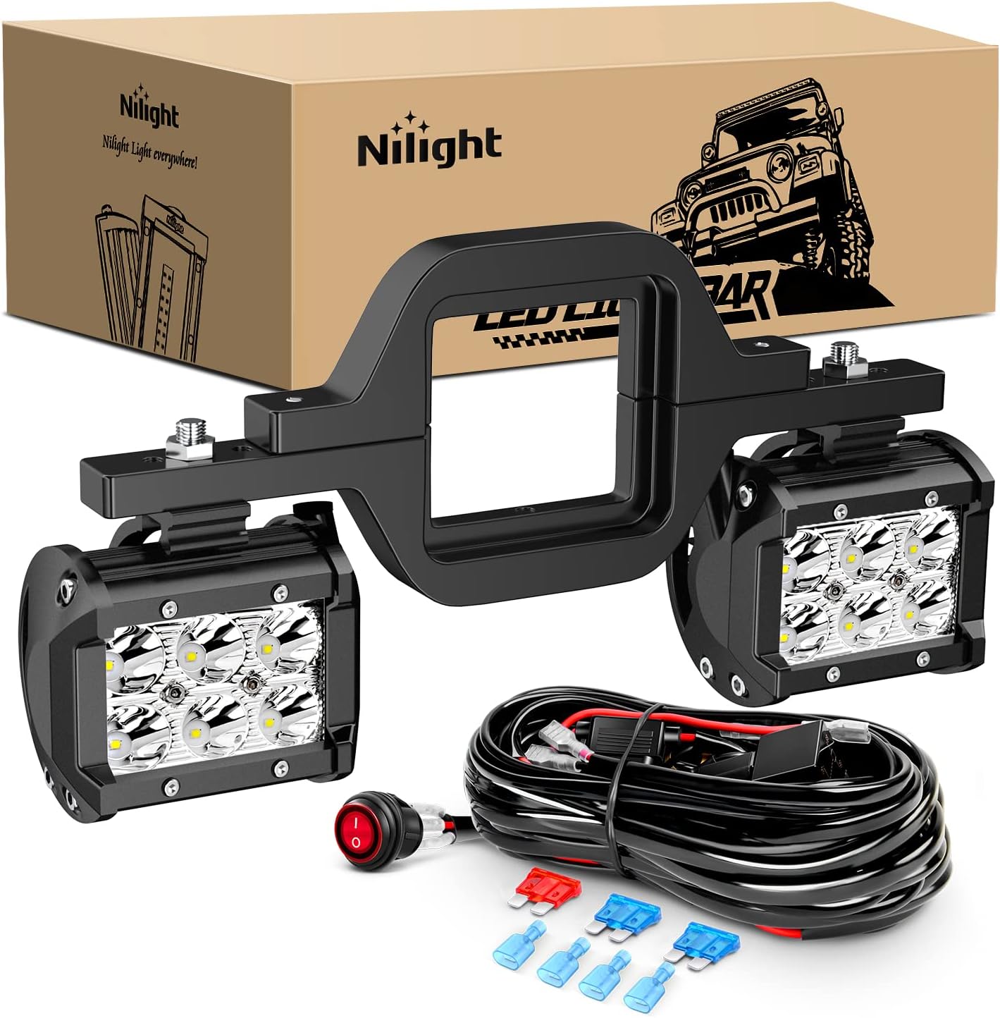 Nilight 2PCS 18W Spot Driving Fog Light Off Road Led Lights Bar Universal Tow Hitch Bracket with Wiring Harness Kit -2 Leads,2 Years Warranty