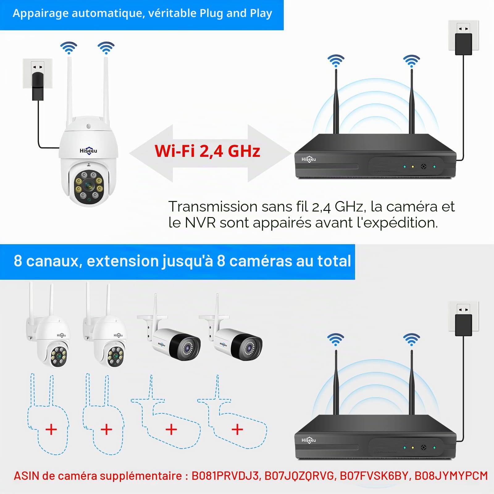 【PTZ+5MP】 Kit Caméra de Surveillance WiFi Extérieure,20M Vision Nocturne Colorée,Hiseeu Kit Vidéo Surveillance 10CH NVR 1To HDD et 4X5MP Caméra, Détection Mouvement,Audio 2 Voies,Alarme Son Lumieuse