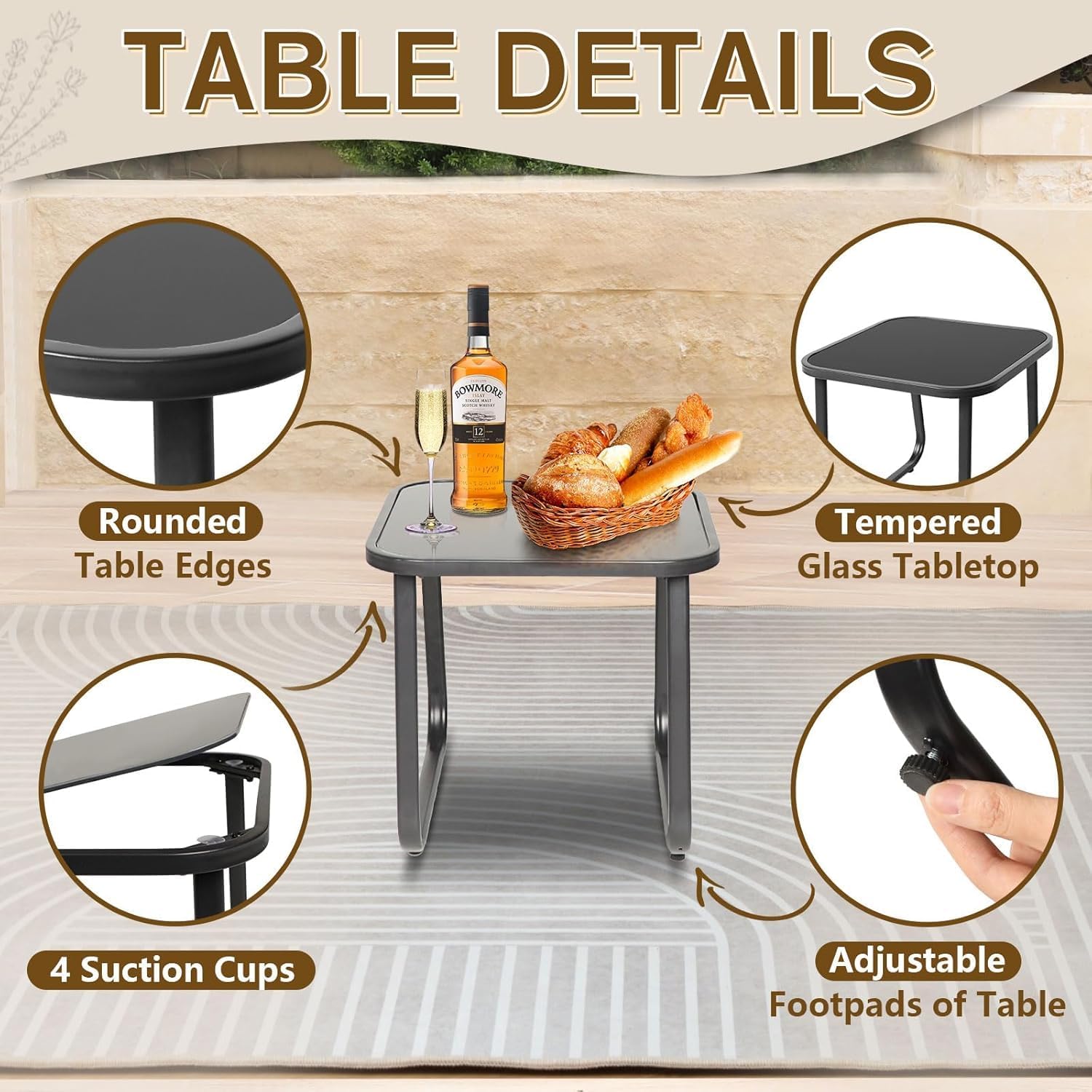 Outroad 3 Pieces Outdoor Rocking Bistro Set, Outdoor Furniture Set with Patio Rocking Chairs, and Glass-Top Table, Small Conversation Set of 3 for Porch, Garden, Yard, Lawn, Poolside, Grey