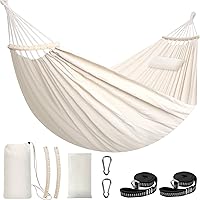 Vista 15 de Chihee - Hamaca de algodón grande y suave para acampar, transpirable, con capacidad de hasta 660 libras, portátil, con barra de separación