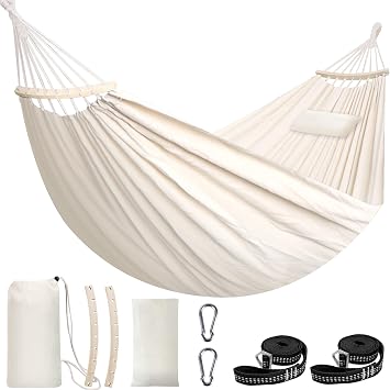Chihee Cotton Hammock Enlarged Soft Breathable Camping Hammock 300x150cm Holds Up to 300kg Portable Tree Hammocks with Detachable Spreader Bar Pillow 2 Strong Webbings 2 Carabiners Indoor Outdoor