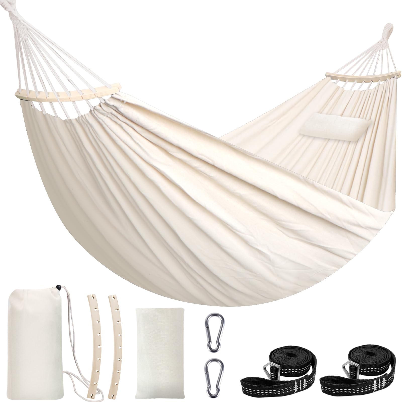 Chihee Hängematte aus Baumwolle weiche 300x150cm, atmungsaktive Camping-Hängematte Tragkraft bis zu 300 kg Tragbare Baumhängematten mit Abnehmbarer Spreizstange Kissen2 Starke Gurte 2 Karabinerhak