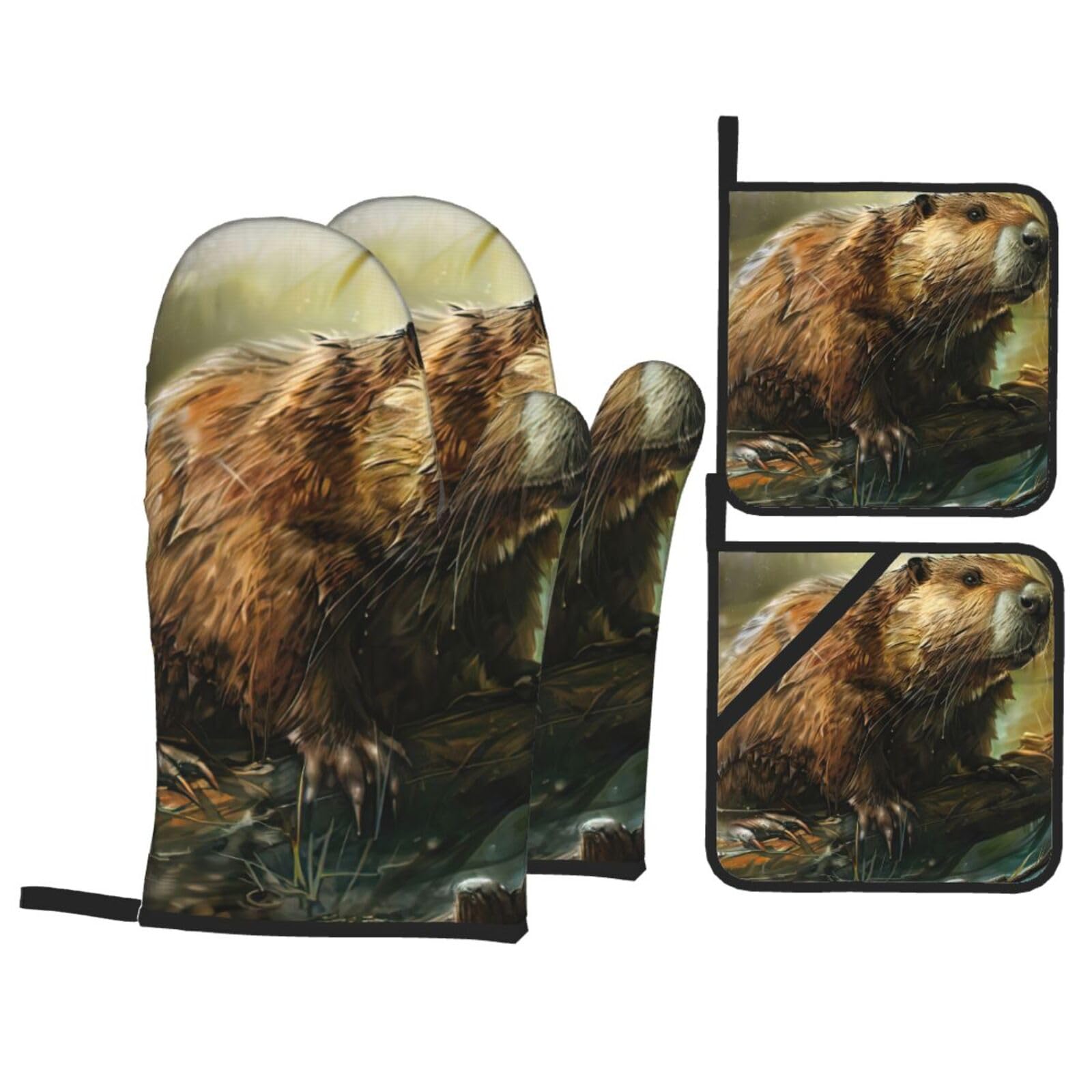 Beaver Print 4-Piece Heat-Resistant Oven Waterproof Kitchen Gloves Cooking Roasting Essential