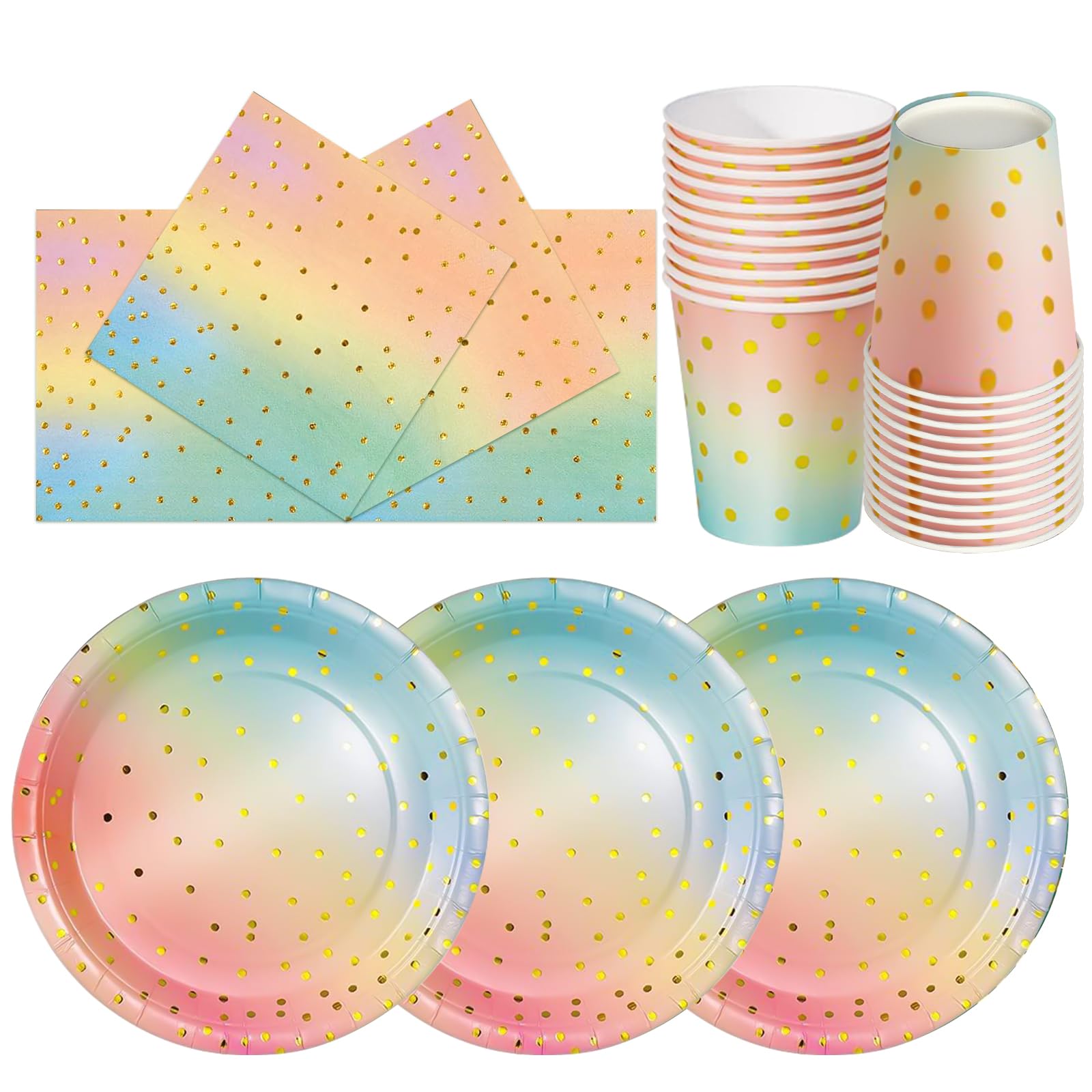 72PCS Rainbow Gold Party Tableware Set, Paper Plates Cups and Napkins, Party Supplies for Birthday, Wedding, Picnic, Table Decorations (24 Guests)