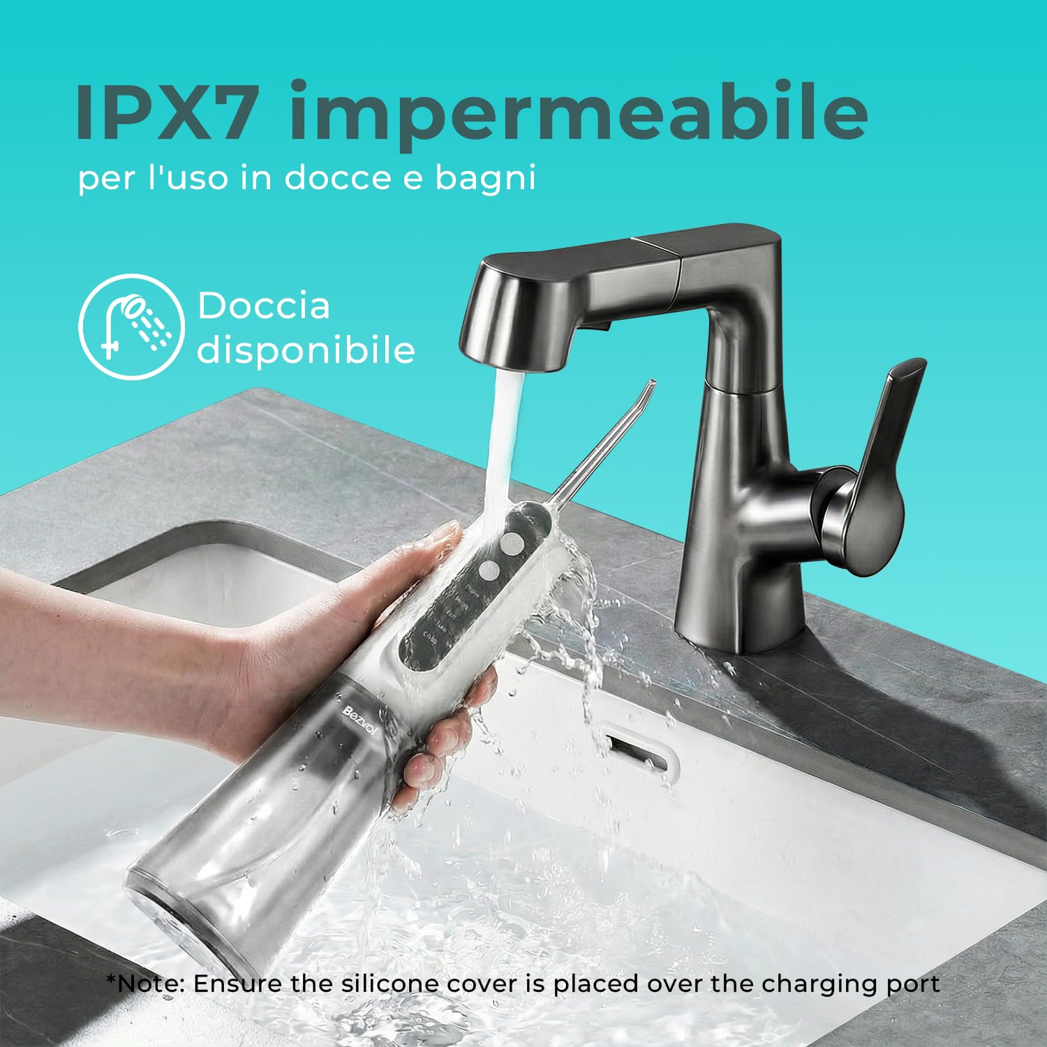 Bezvoi Idropulsore Dentale Senza Fili, Irrigatore Orale Ricaricabile IPX7, 5 Livelli di Pressione, Serbatoio 300 ml, 6 Ugelli, Pulizia Bucale per Uso Domestico e Viaggi, Bianco