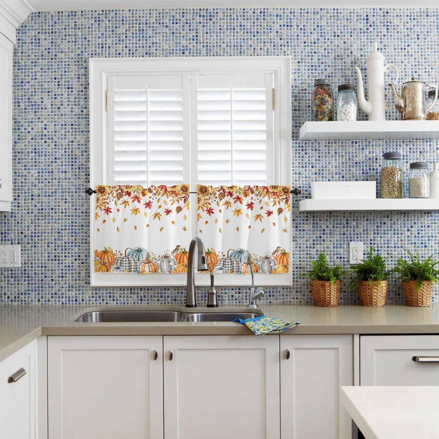 Fall Pumpkin Kitchen Window Tier Curtains and Valance 3 Pieces Set Farmhouse Sunflower Maple Leaves Window Valances Rod Pocket Panels Privacy Thanksgiving Cafe Tiers Bedroom Short Window Treatment