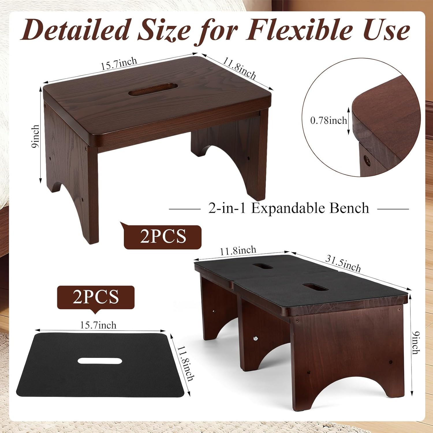 Extra Wide 31.4" Wooden Step Stool – 2 Pack One Step Stool for Adults Seniors 2-in-1 with Non-Slip Rubber Surface – Holds up to 500 Lbs for High Beds Bedroom Bathroom Kitchen Outdoor(9 Inch)