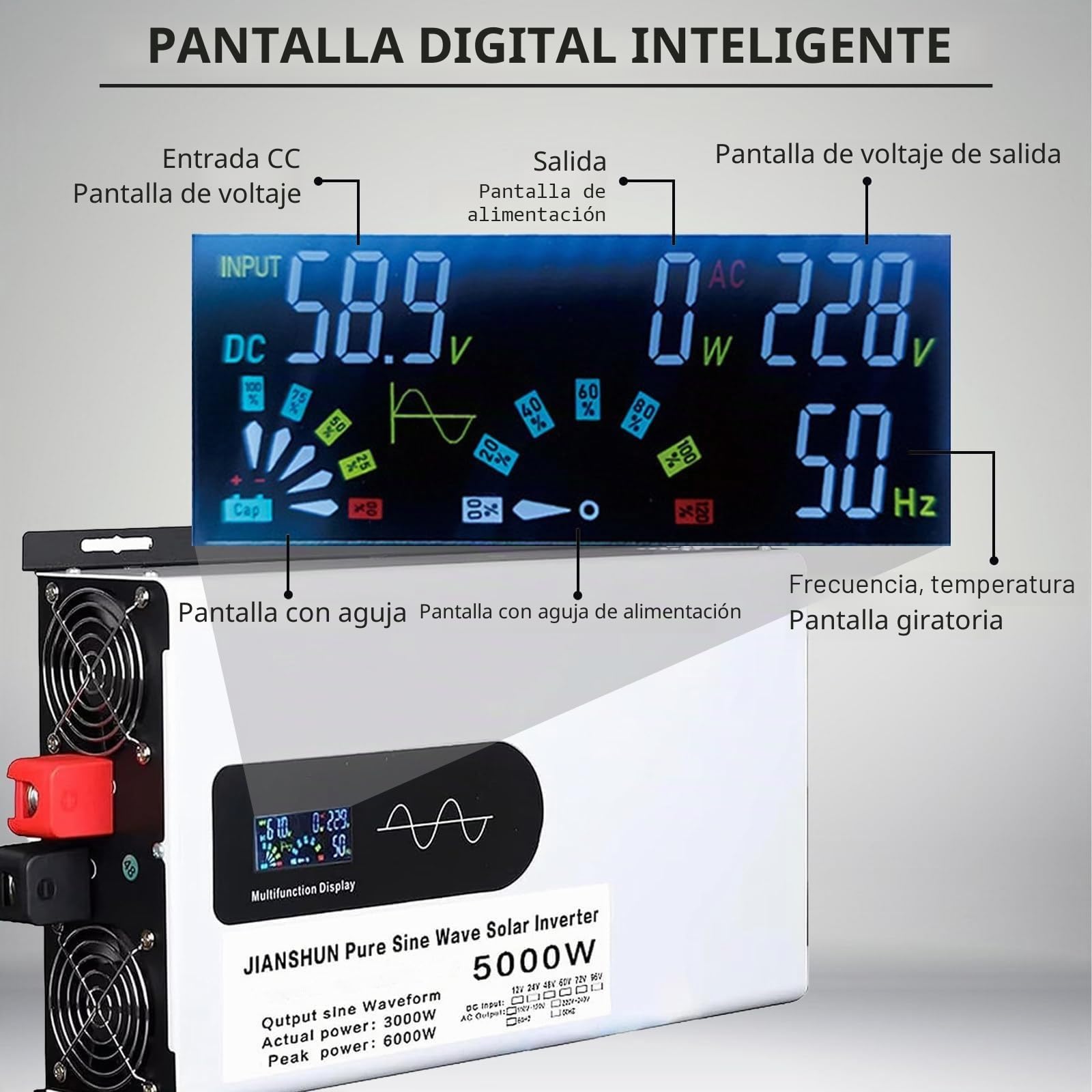 5000w 6000w 8000w 10000w 12000w De Voltaje De Onda Sinusoidal Pura Coche-Convertidor Coche 12v 24v 48v 60v 72v 96v A 110v/220v Inversor, para Portátiles, Camiones(5000W,12V to 110V)