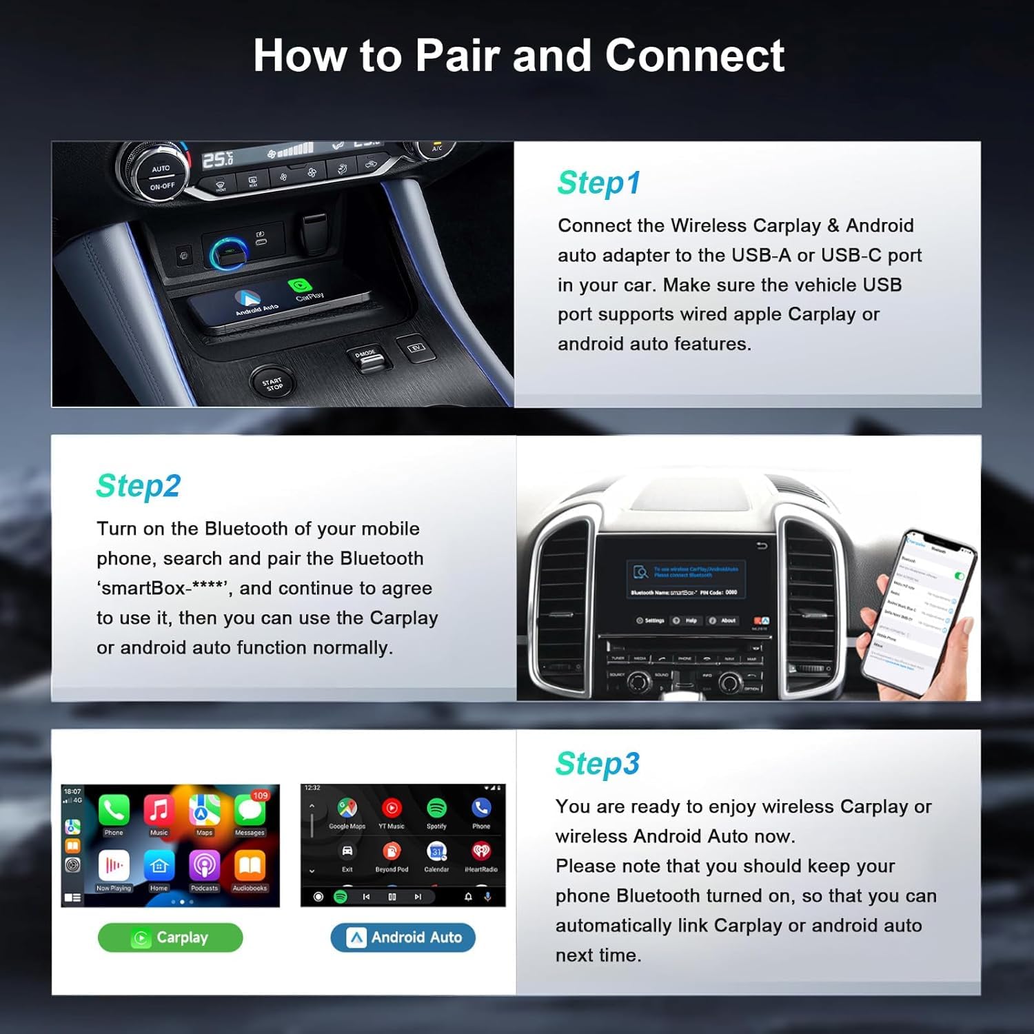 PWAYTEK 2 in 1 Adaptateur CarPlay sans Fil 2025 pour iPhone,Convertisseur USB-C/A 5GHz WiFi, Plug & Play Instantané, Compatible Voitures 2016+ et iOS 10+, Connexion Automatique Ultra-Rapide