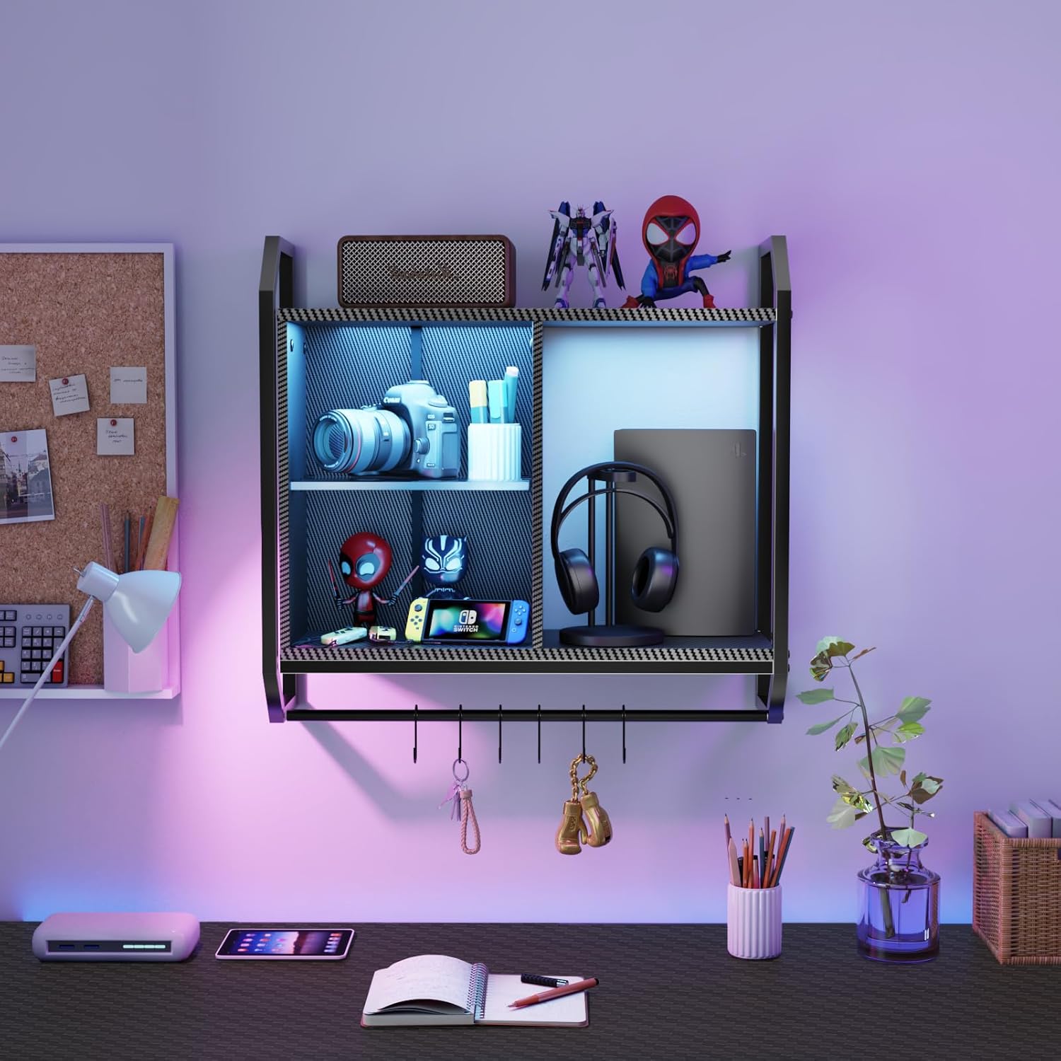 Gaming Floating Wall Shelves with Led Lights, Wall Mounted Shelf, 24" Led Lights and Adjustable Glass Bar Wine Shelf, Black Wall Shelf with 6 Hooks for Gaming Room Bedroom Living Room