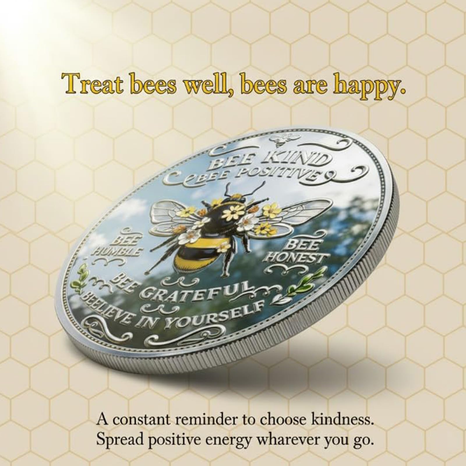 Moneda de positividad tipo abeja, ficha de abeja inspiradora de doble cara con diseño de girasol y laurel, moneda de desafío motivacional para la afirmación diaria (3pcs)