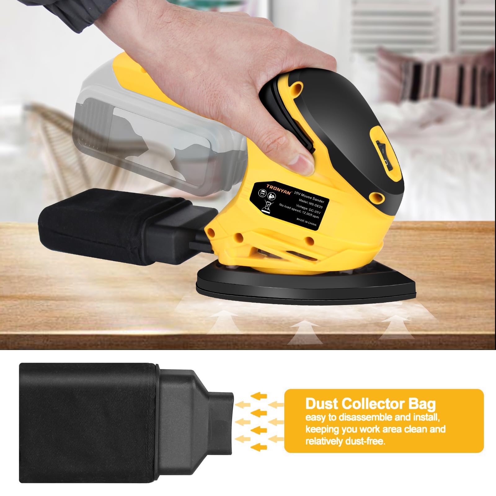 Lijadora de detalles inalámbrica compatible con batería DeWalt de 20 V máx. (solo herramienta), 12.000 OPM, 10 papeles de lija, bolsa de polvo para carpintería, espacios reducidos, lijado, pulido