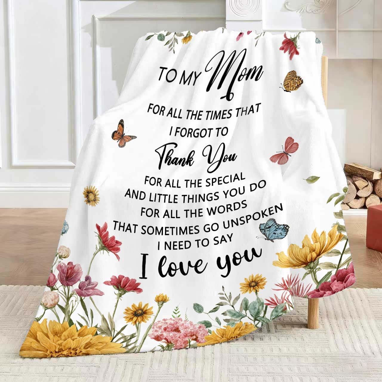 MASLEK Mom Gift Flannel Throw Blanket, Floral Butterfly Mom Message Blanket, Birthday Valentine’s Day Gifts for Mother from Daughter Son, Mother’s Day, 60 x 80 Inch