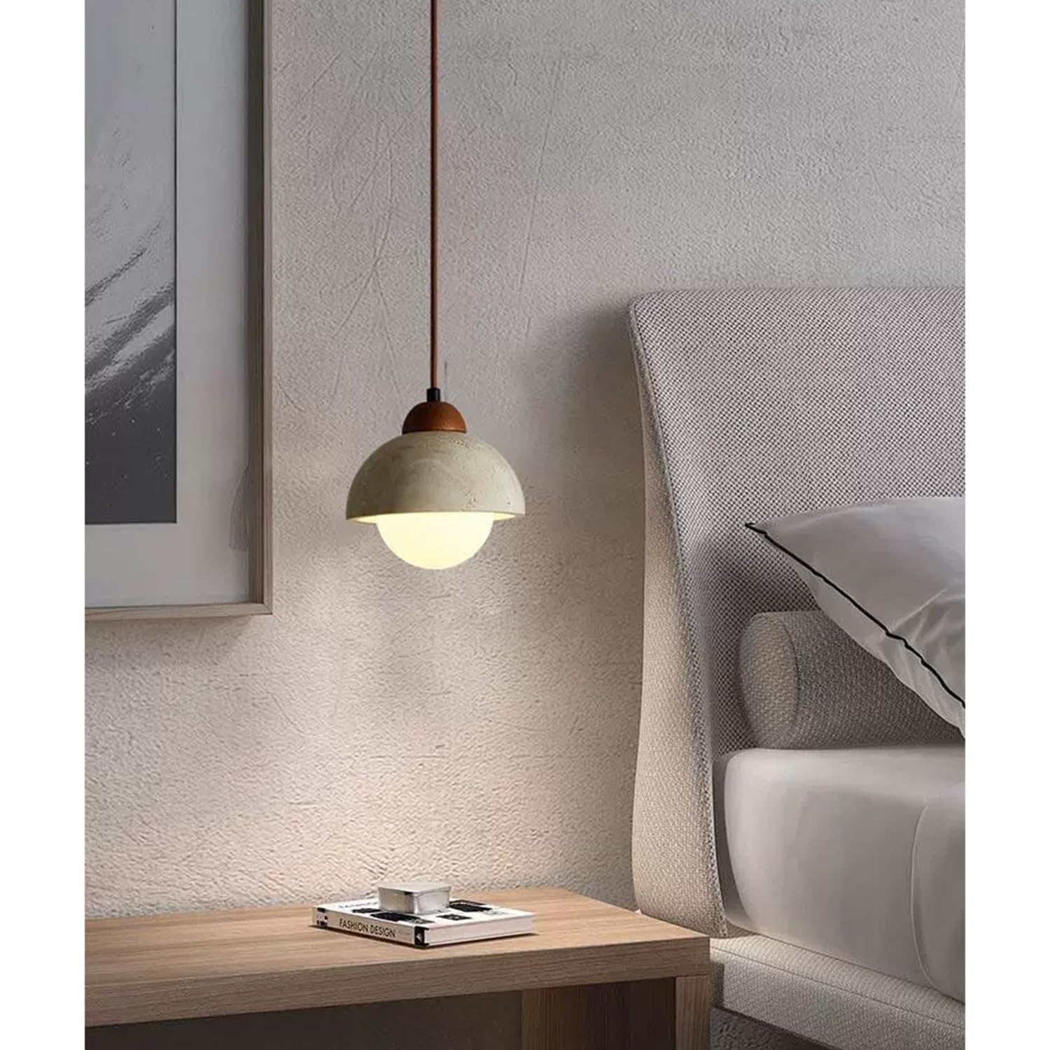Lampada a sospensione in travertino giallo a da 5,9 pollici a semicircolare in pietra porosa in legno stile artistico scandinavo for sopra il lavello Camera letto Ristorante Negozio