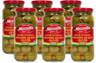 Mezzetta Super Colossal Pimiento Stuffed Green Olives - Martini Garnish, Firm & Salty, Snacks & Cheese Platters - 10oz Jars, Pack of 6