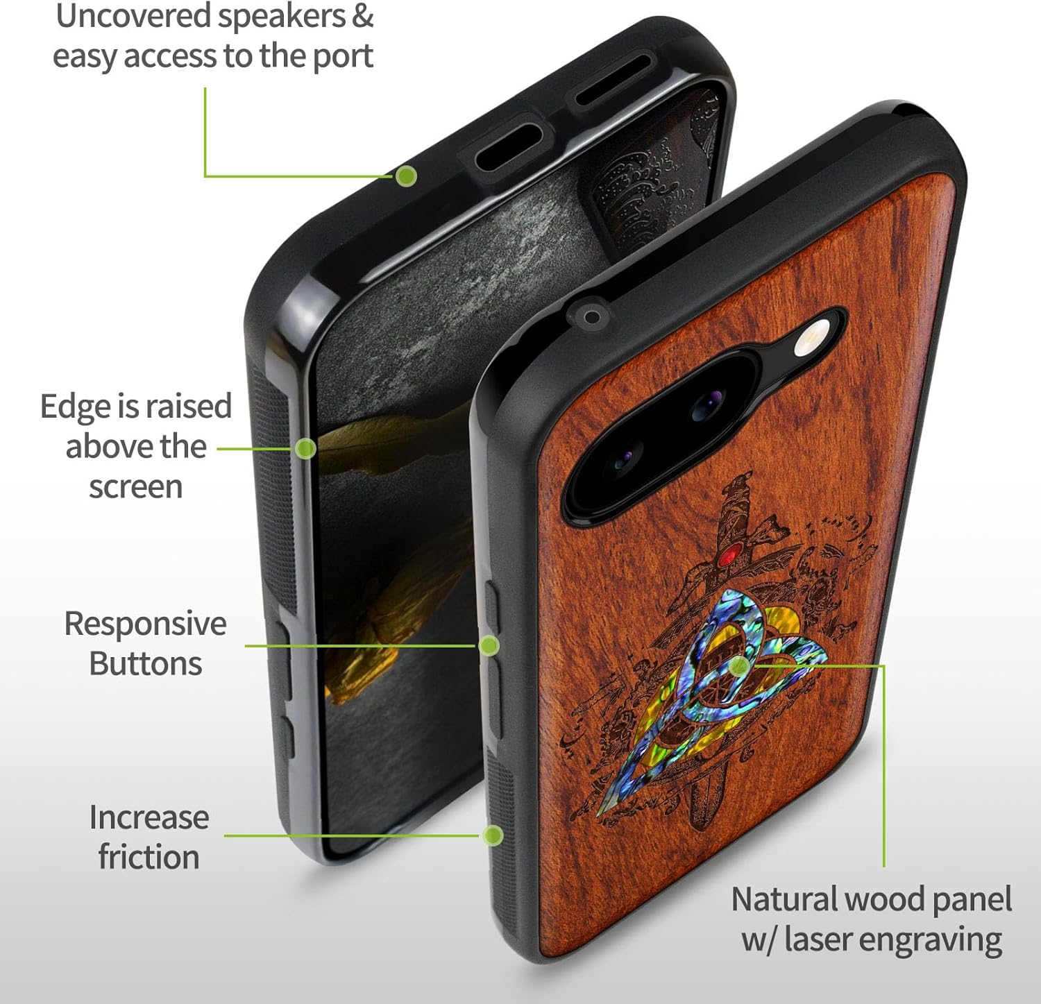 Carveit Magnetic Wooden Case for Google Pixel 9a Case, Wood Artisan Engraved & Handmade Shell Inlaid, Compatible with MagSafe Wireless Chargers (Norse Emblems) Rosy