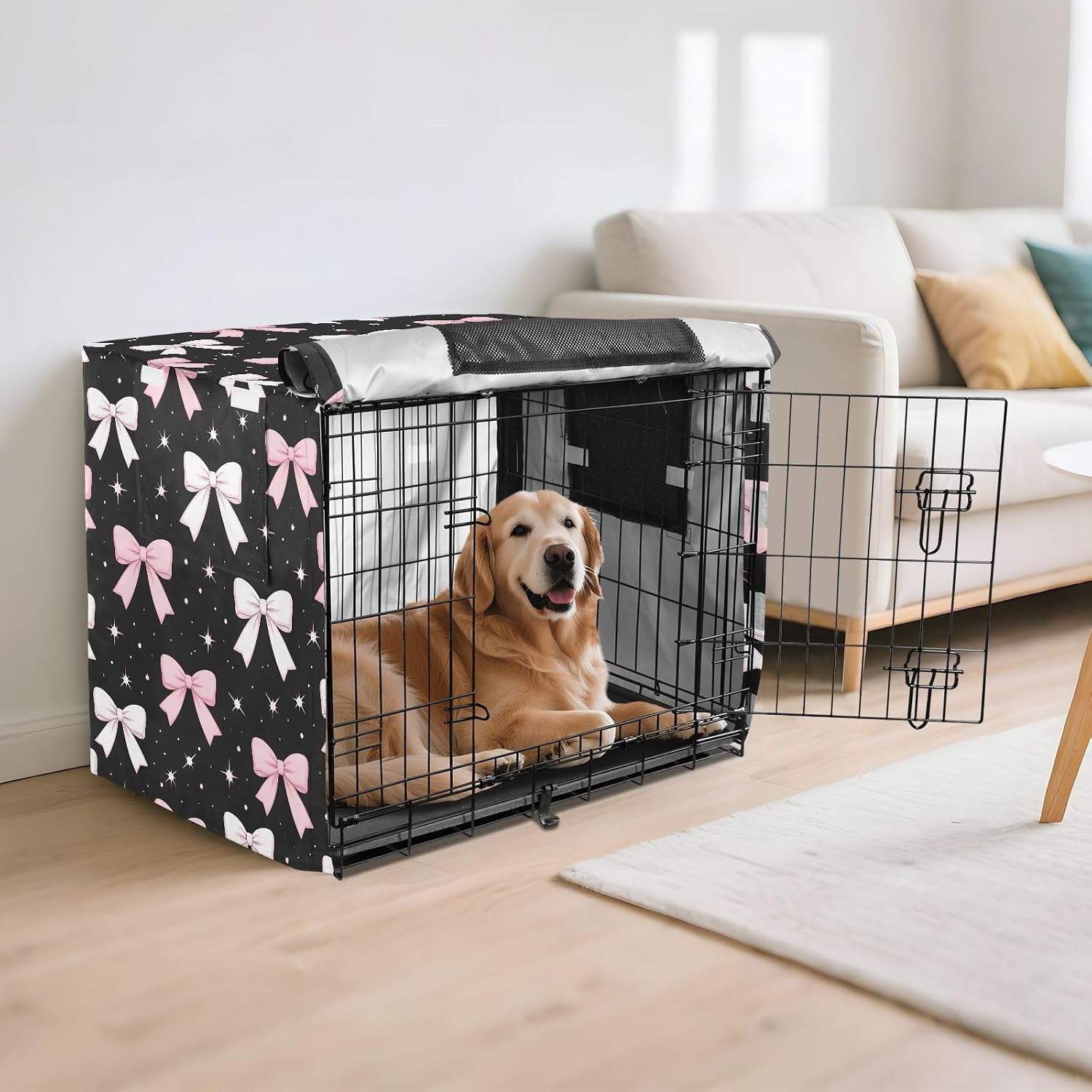 Night Stars and Bows Dog Crate Cover 600D Oxford Pet Kennel Cover with Mesh Window for Dog Cages, Windproof Waterproof Machine Washable, 48"x30"x33"