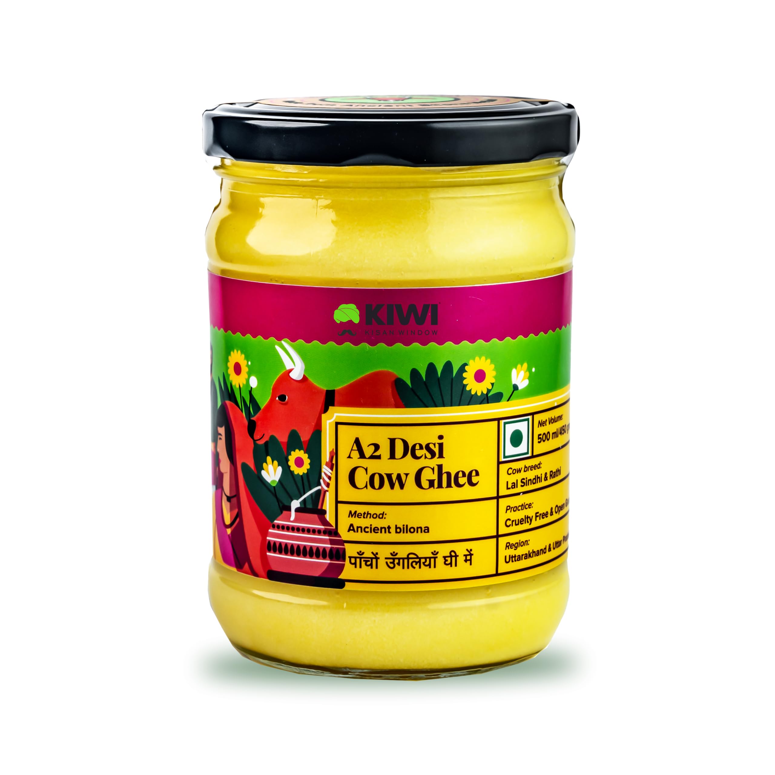 Kiwi Kisan Window A2 Desi Cow Ghee, 500ml | Traditionally Made By Bilona Method | Grass-Fed Lal Sindhi & Rathi Cows | Pure, Natural & Nutrient-Rich | Cultured Ghee Made in Small Batches | Desi Ghee in Glass Jar