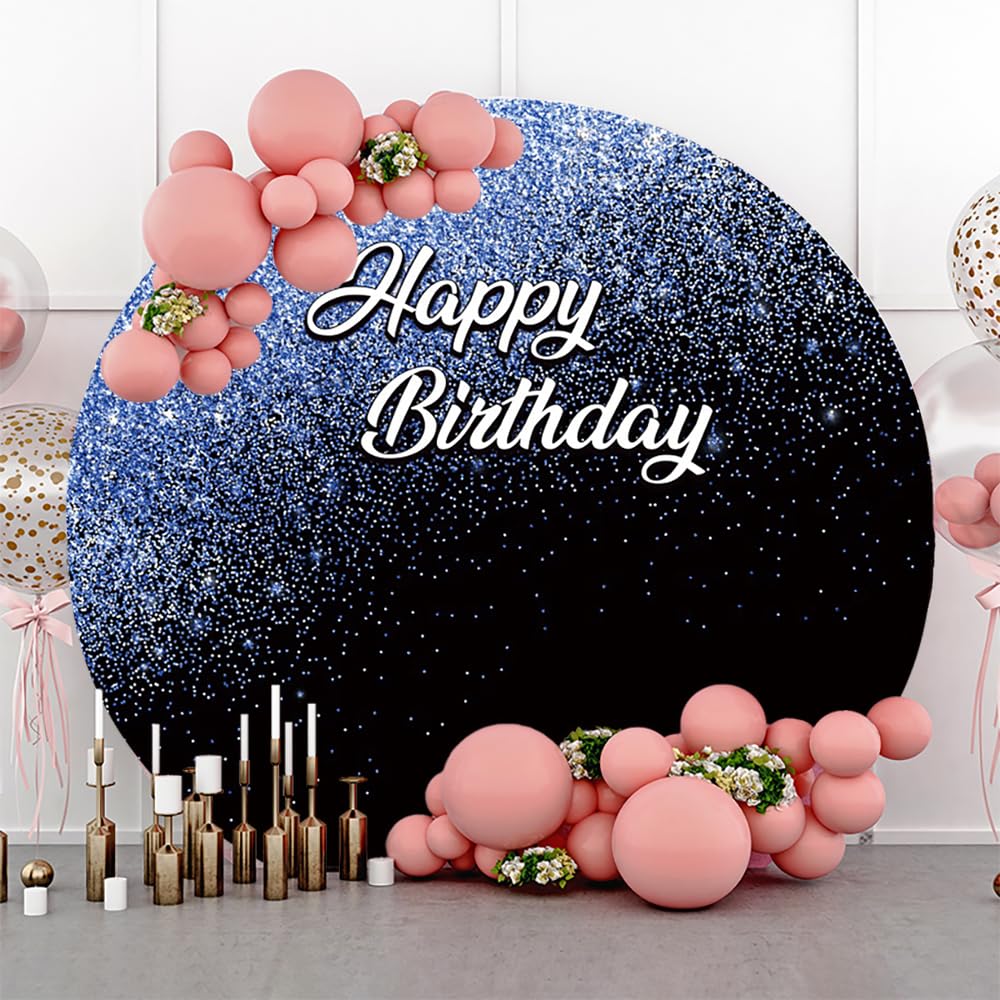 Diametro 2,3m Blu Glitter Punti Sfondo Rotondo per Felice Compleanno Ragazzi Ragazze Bat Mitzvah Sfondo Nero 1 ° 2 ° Festa di Compleanno Baby Shower Photo Booth Props, Poliestere