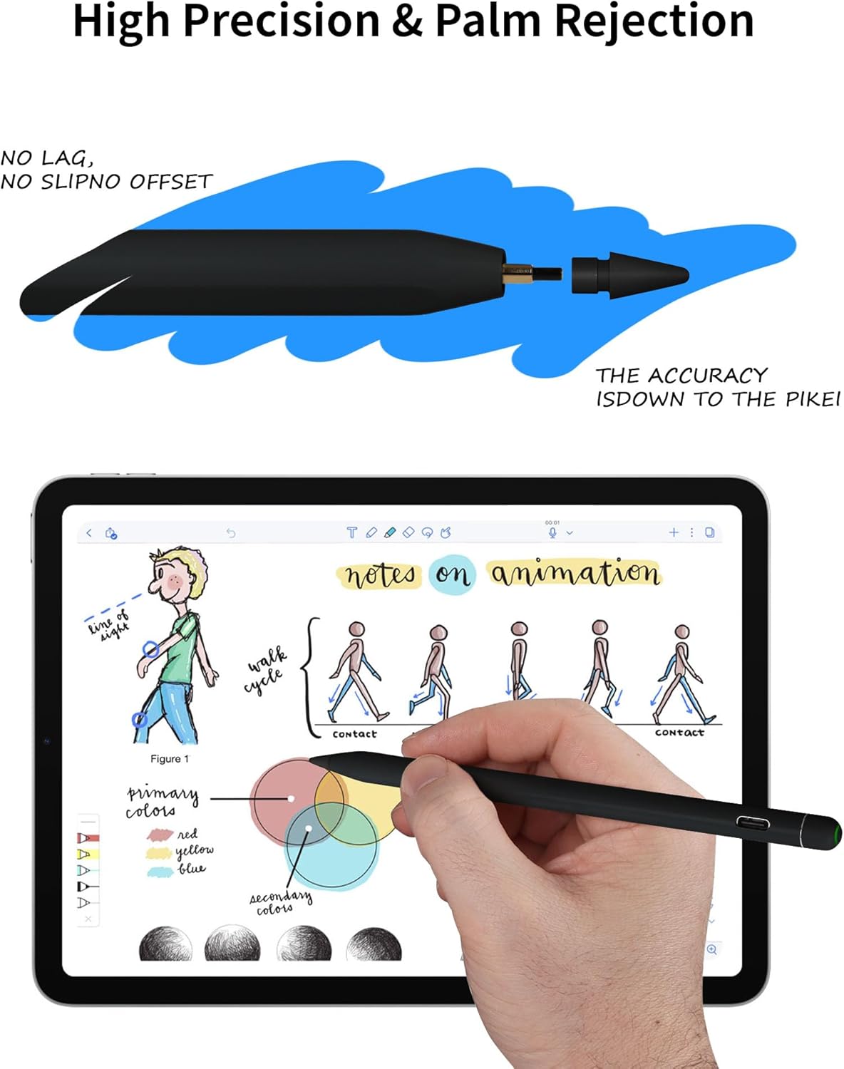 Hand writing on an iPad with the stylus, demonstrating palm rejection.