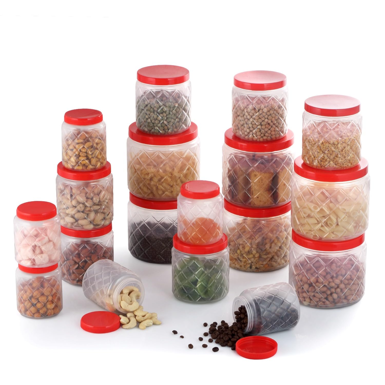 Frosty Diamond Plastic PET Storage Jar and Container Set, 18 Pieces, (6 x 1100ml, 6 x 600ml, 6 x 300ml) Red