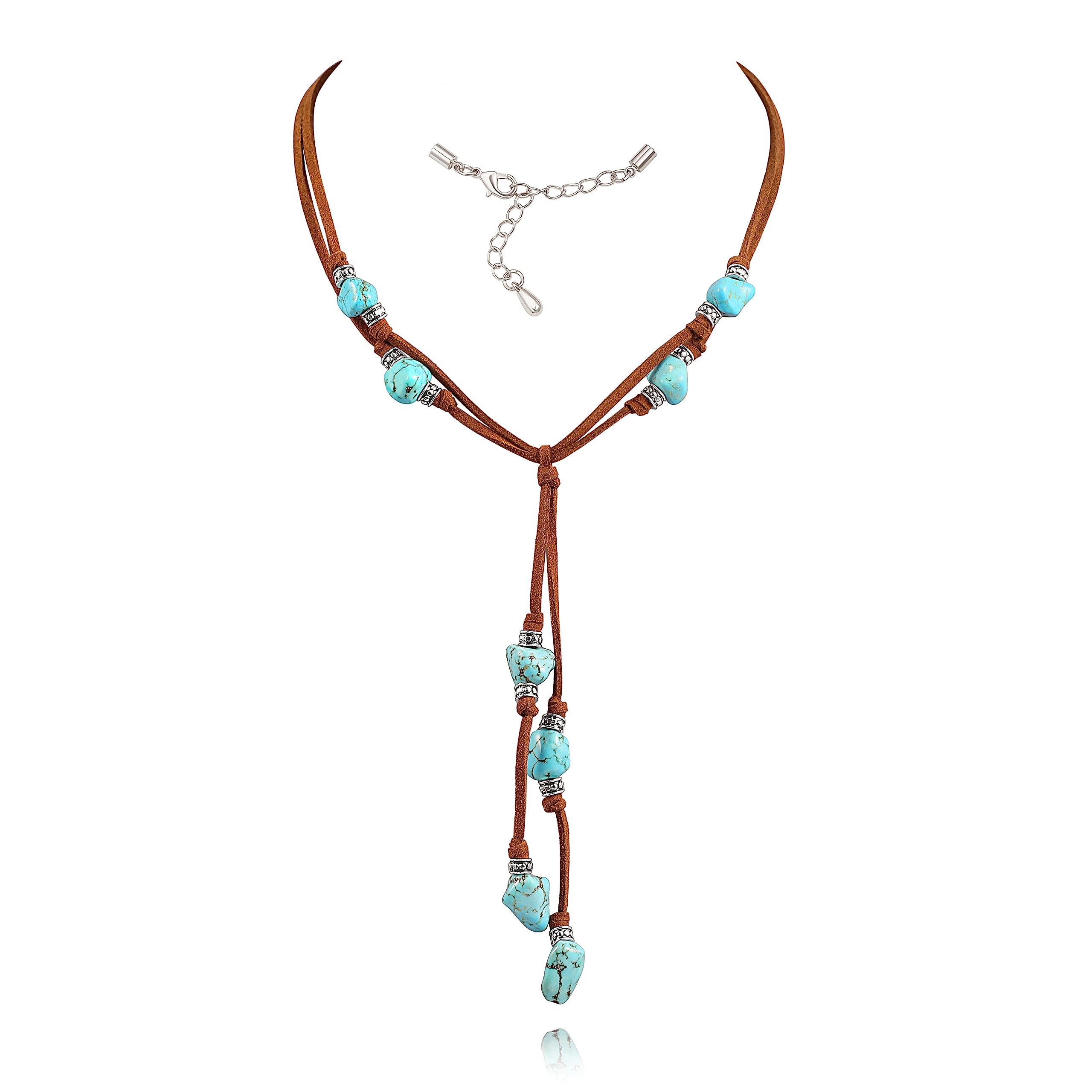 Collar de gamuza turquesa para mujer, hecho a mano, en forma de Y, bohemio, vintage, colgante, joyería Lariat…, Zinc, Turquesa