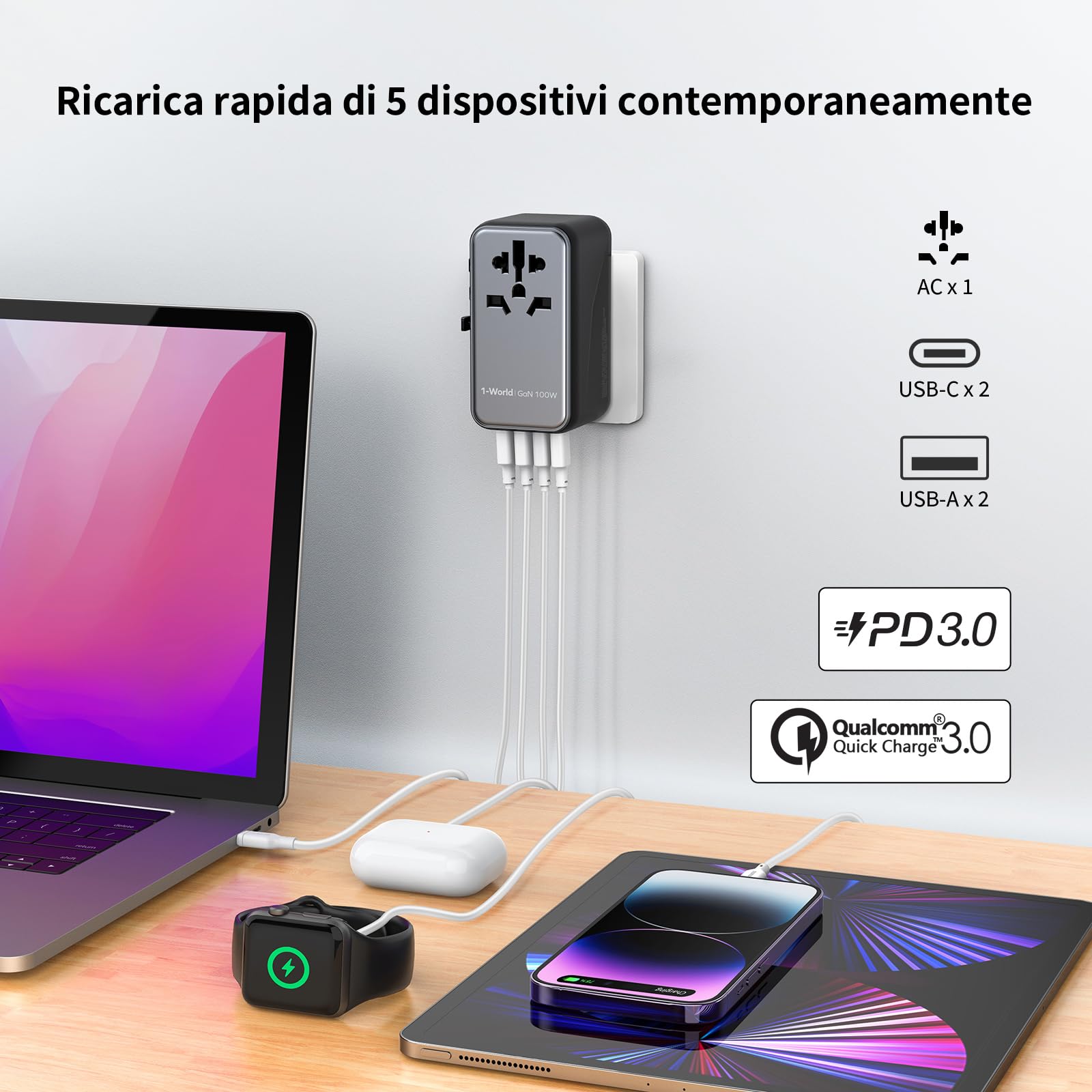 MOMAX Adattatore Universale da Viaggio 100 W 5-in-1 USB-C USB-A AC Presa Universale 224+ Paesi
