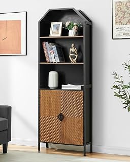 Arched Bookcase with Door Bookshelf Display Living Room Black&Oak