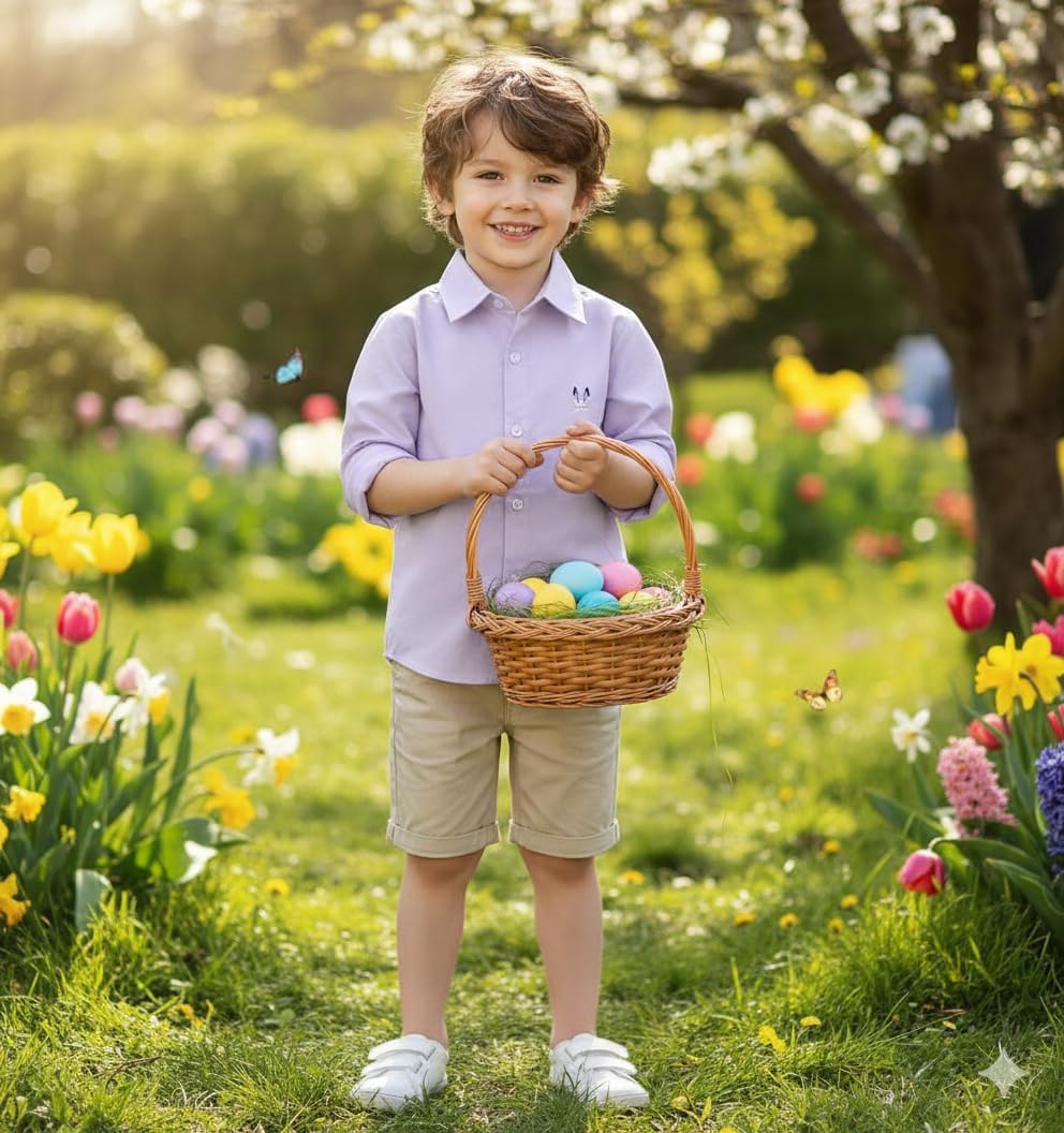 OCHENTA Boys' Long Sleeve Button Down Cute Rabbit Casual Dress Easter Shirt