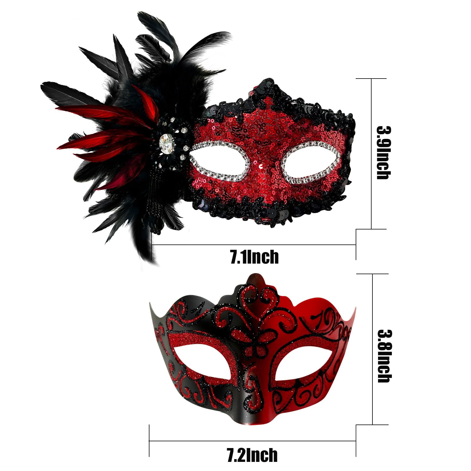 Allruyee 2025 New Masquerade Mask for Couple - Masquerade Mask Women with Feathers & Venetian Mask Men for Mardi Gras Party(Red) - Image 3