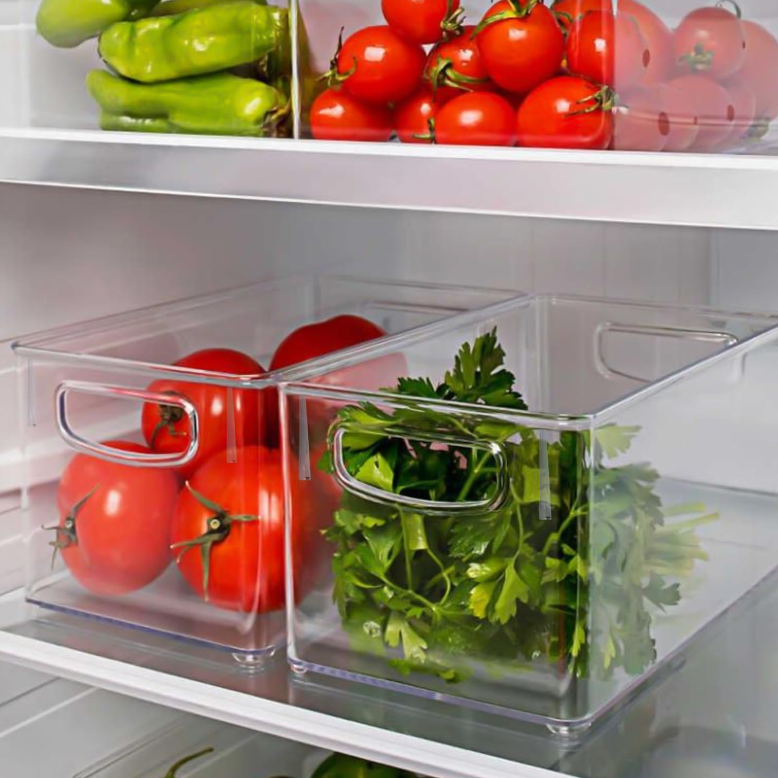 6 Organizadores para Frigorífico Apilables, Transparentes con Asas, 24,8x17,2x14 cm, Cajas de Almacenamiento PET sin BPA para Cocina, Despensa, Congelador y Armarios