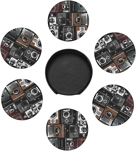 Miniatura 5 de Retro Cool Camera Collection Coasters Set of 6 with Holder Non-Slip Leather Coaster for Drinks Round Drink Coaster for Tabletop Protection, Cup Mat
