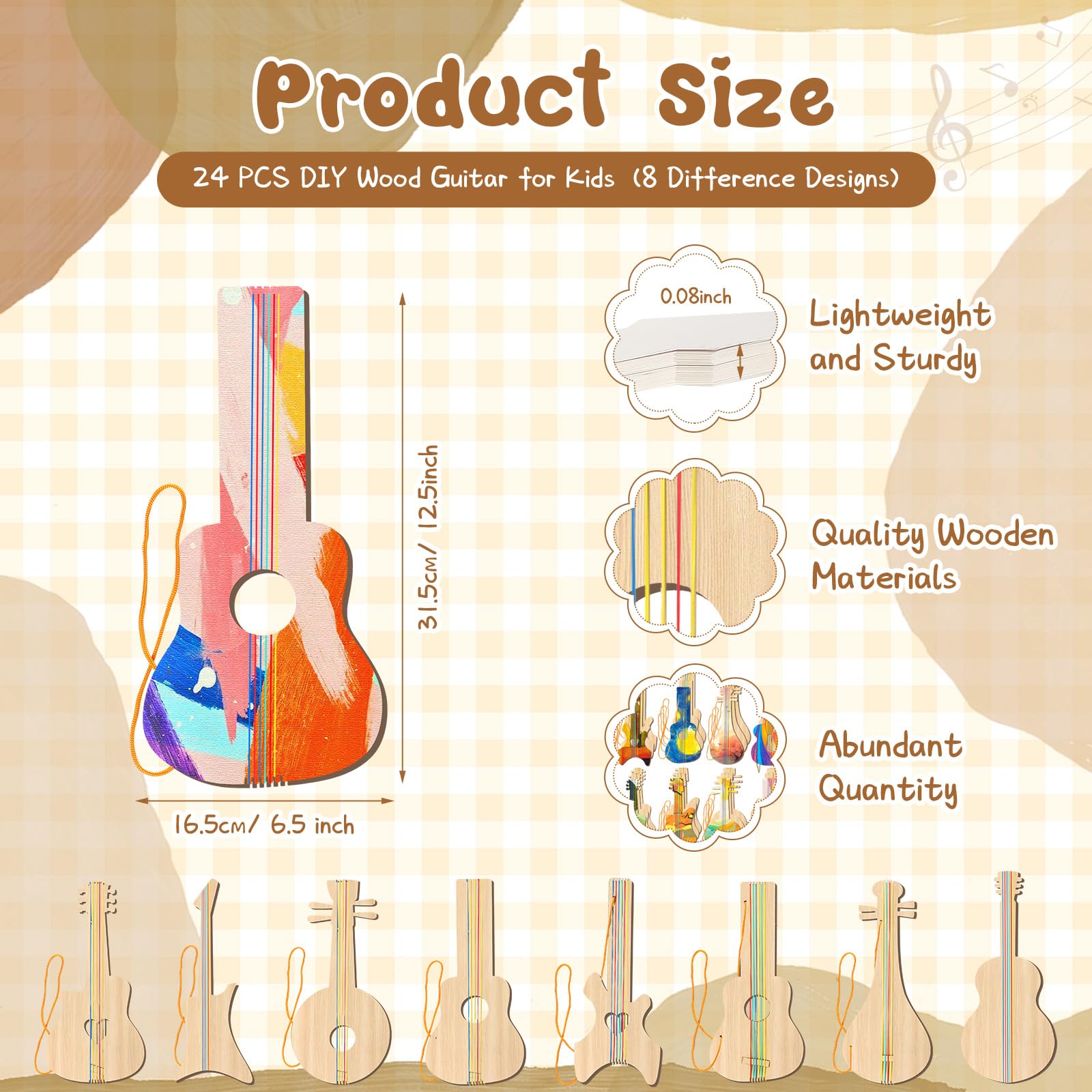 24 piezas de recortes de guitarra de madera para niños, recortes de guitarra de madera de 12 x 6.5 pulgadas para niños y niñas, instrumento musical de bambú para pintar, adecuado para clases de 2
