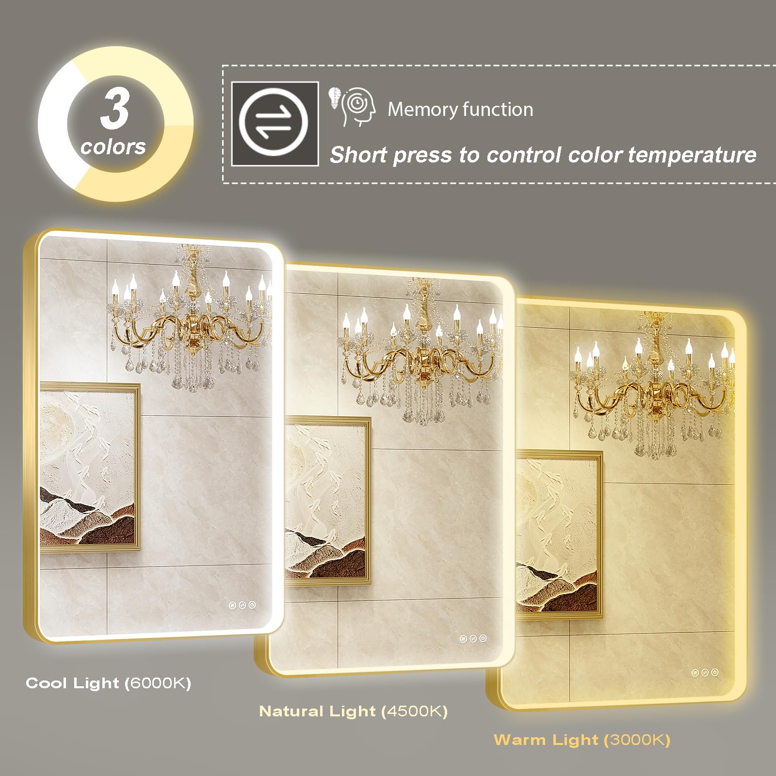 Oerbasz LED Mirror for Bathroom 24X36 Inch Gold Framed with Anti-Fog, Stepless Dimmable, Front Lit, LED Bathroom Vanity Mirror for Wall, Memory Function, Tempered Glass, Shatter-Proof