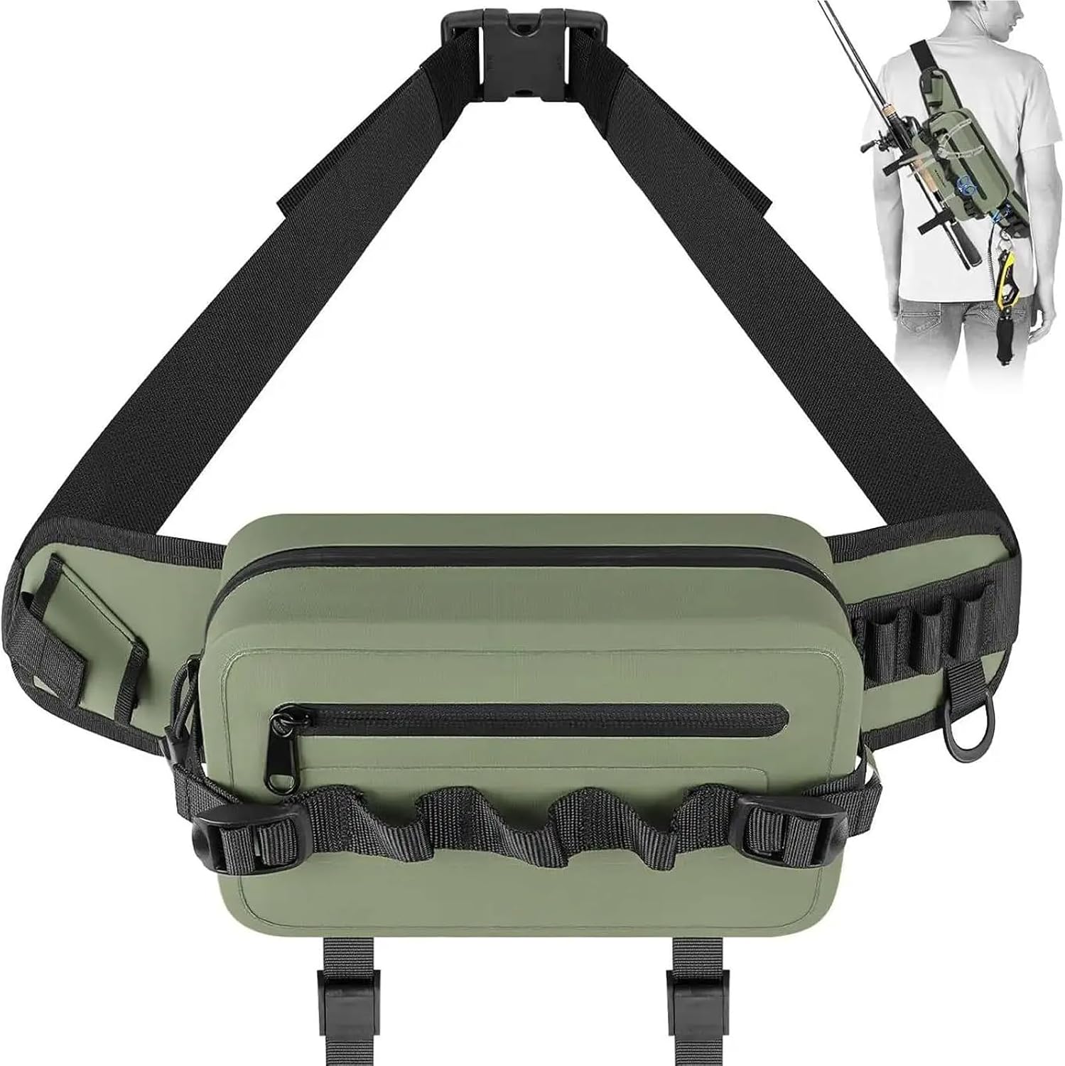Waterproof Fishing Waist Pack Fanny pack with Fishing Rod Holder, Adjustable Strap, Submersible Zipper Closure, large capacity, multi-functional hooks for Fly Fishing (Green)