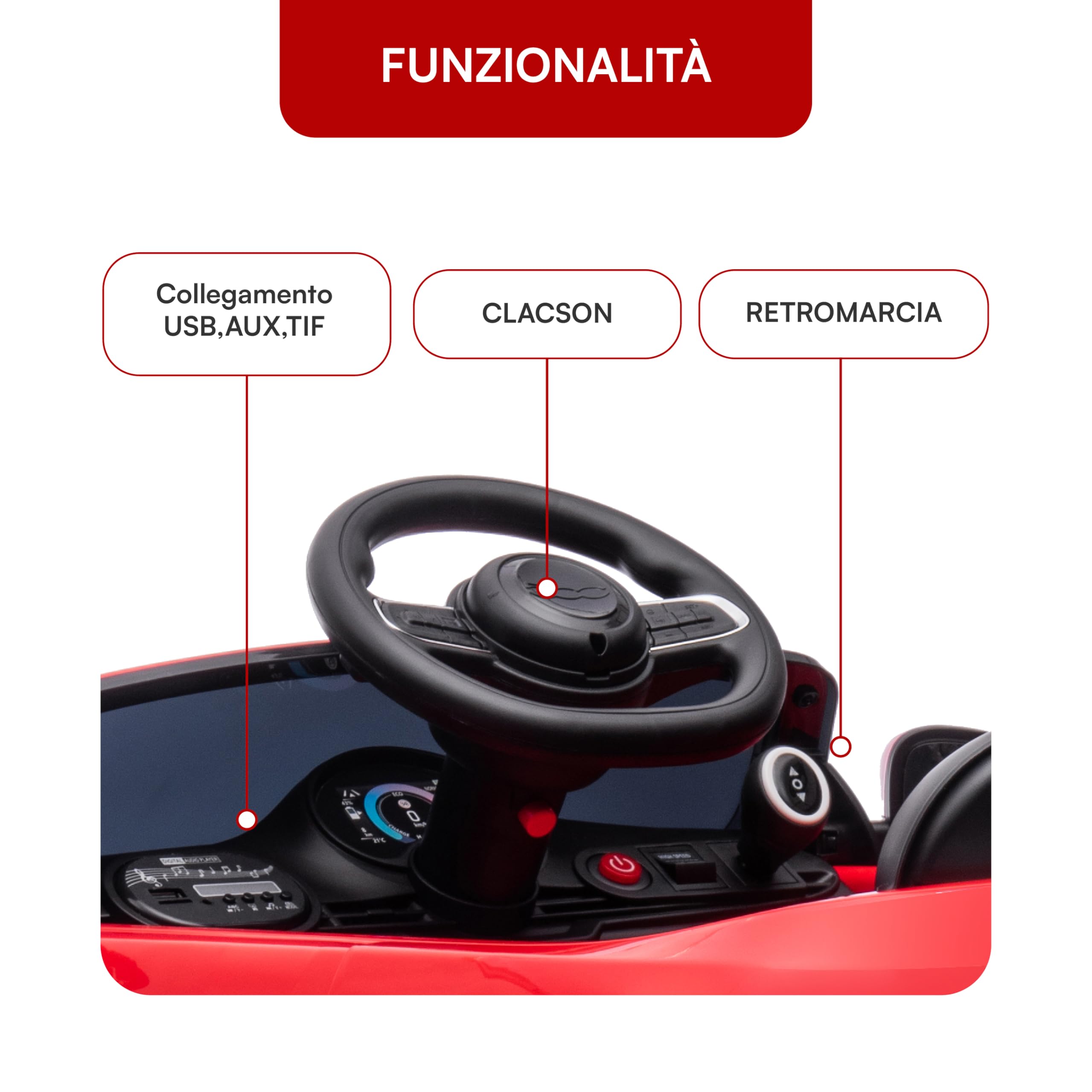 Baroni Toys FIAT 500 Baby Car Elettrica 12V con Telecomando Genitori, Luci, Suoni, Retromarcia, Cintura di Sicurezza – Auto per Bambini 1-4 Anni, Rossa