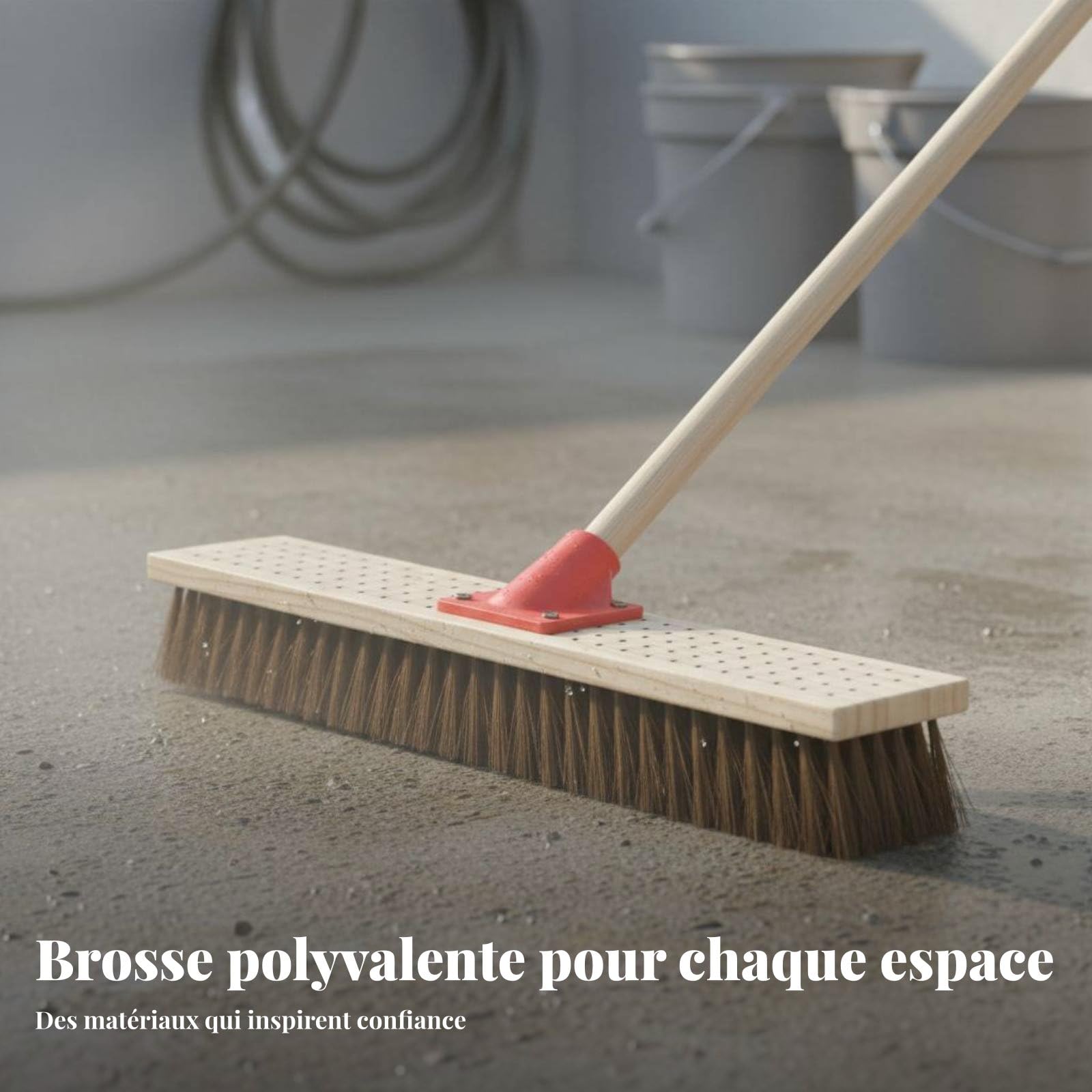 Cepillo para Limpieza de Suelos Cepillo de Fregar Escoba Cepillo Cepillo con Mango Largo Mango Ergonómico de Madera y Cabezal Sólido para Fregar, 30CM, con Mango