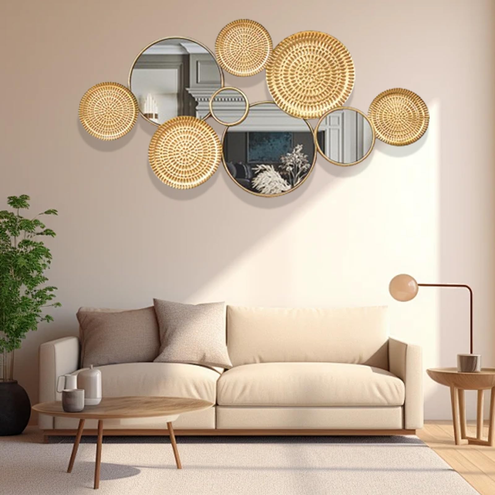 Grand miroir de décoration murale, plaques circulaires modernes pour salon, bureau, chambre à coucher, décoration d'intérieur, finition argentée