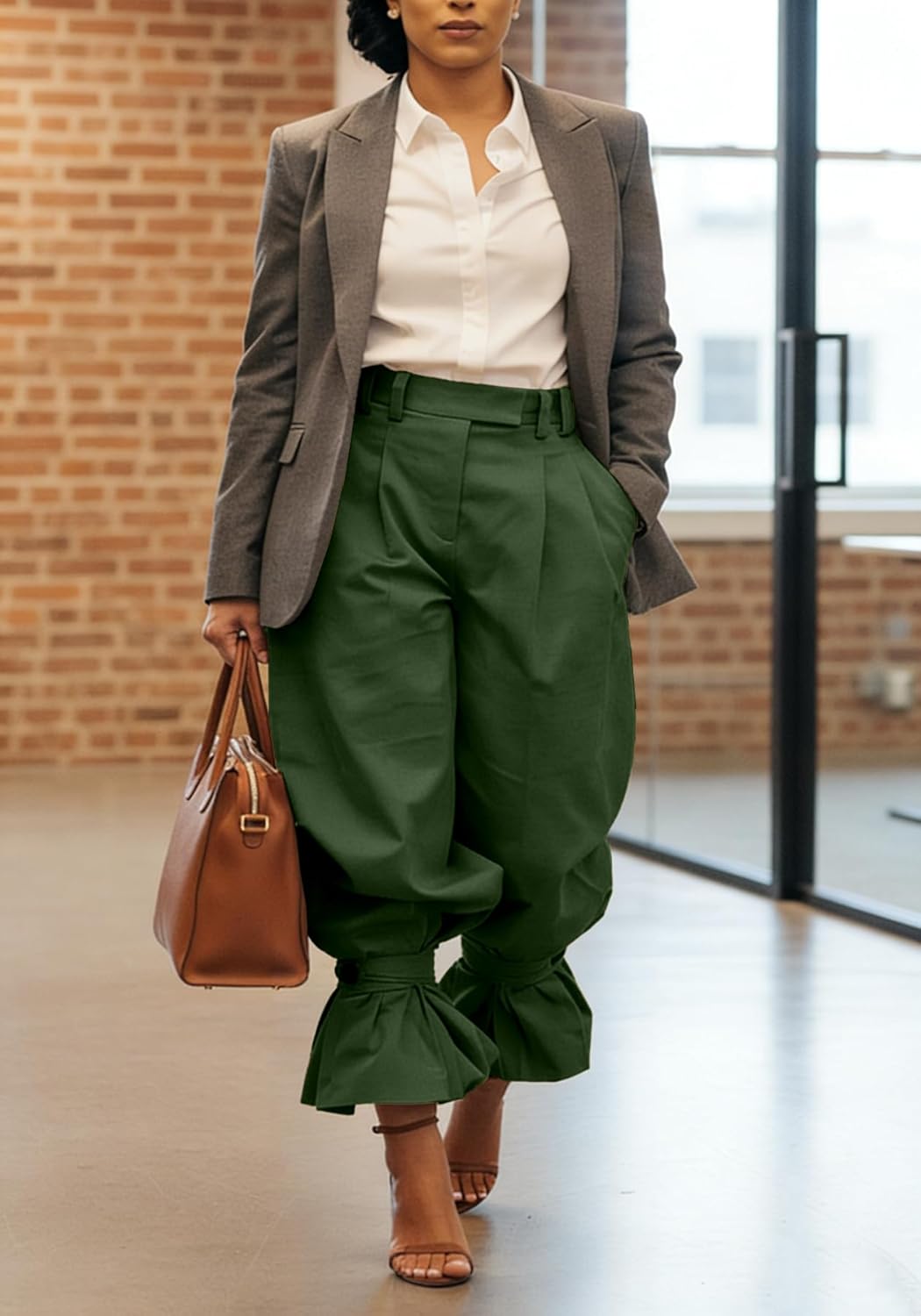 LETSVDO Women Wide Leg Dress Pants High Waist Paper Bag Ruffle Lantern Barrel Slacks Casual Work Business Cropped Trousers