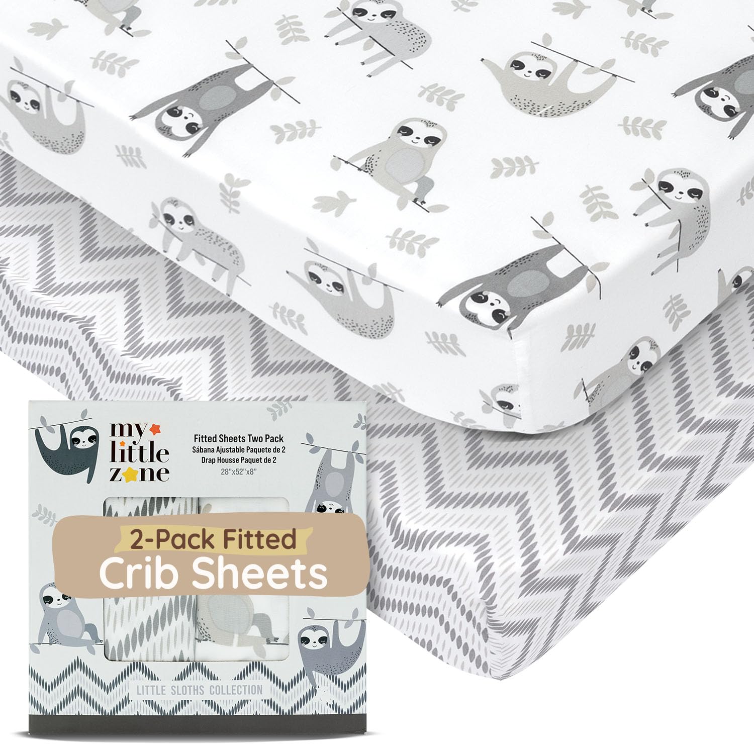Spannbettlaken für Babybett, Faultier und Chevron-Drucke, Baumwolle, für Jungen und Mädchen, geschlechtsneutral (Grau - Weiß), 2 Stück