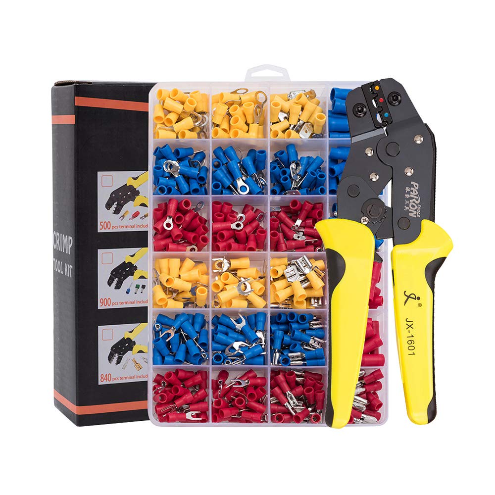 Morelian Wire Terminals Crimping Tool Insulated Ratcheting Crimper Kit of AWG22-14 with 500PCS Male and Female Spade Connectors