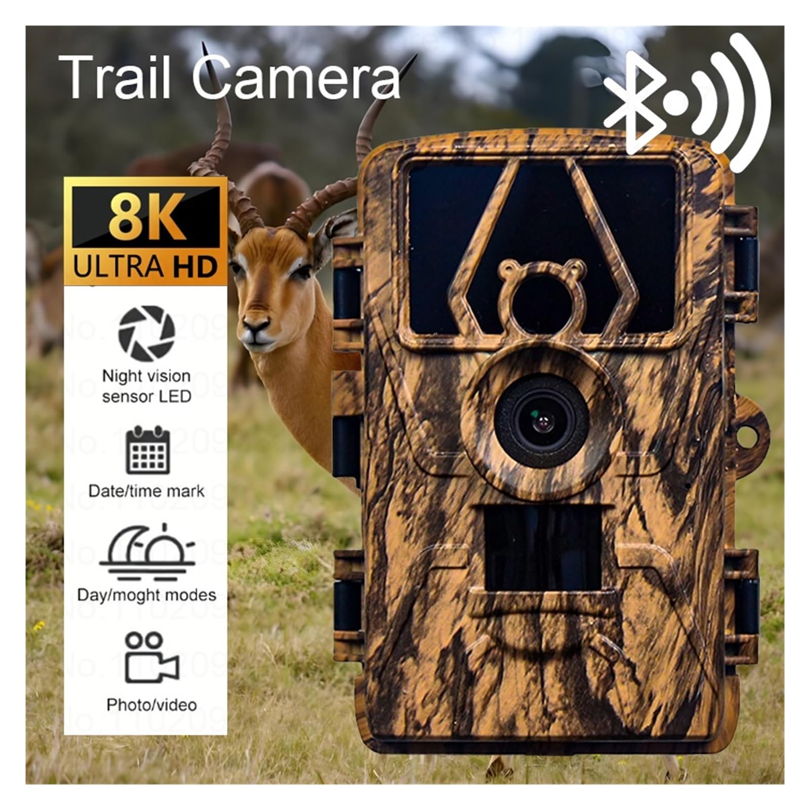Cámara Vida Silvestre Cámaras De Rastreo 60MP 8K Bluetooth Compatible con Aplicación For Caza Animales Al Aire Libre Visión Nocturna Infrarroja Y Monitoreo Vida Silvestre PR801W(128G Card)