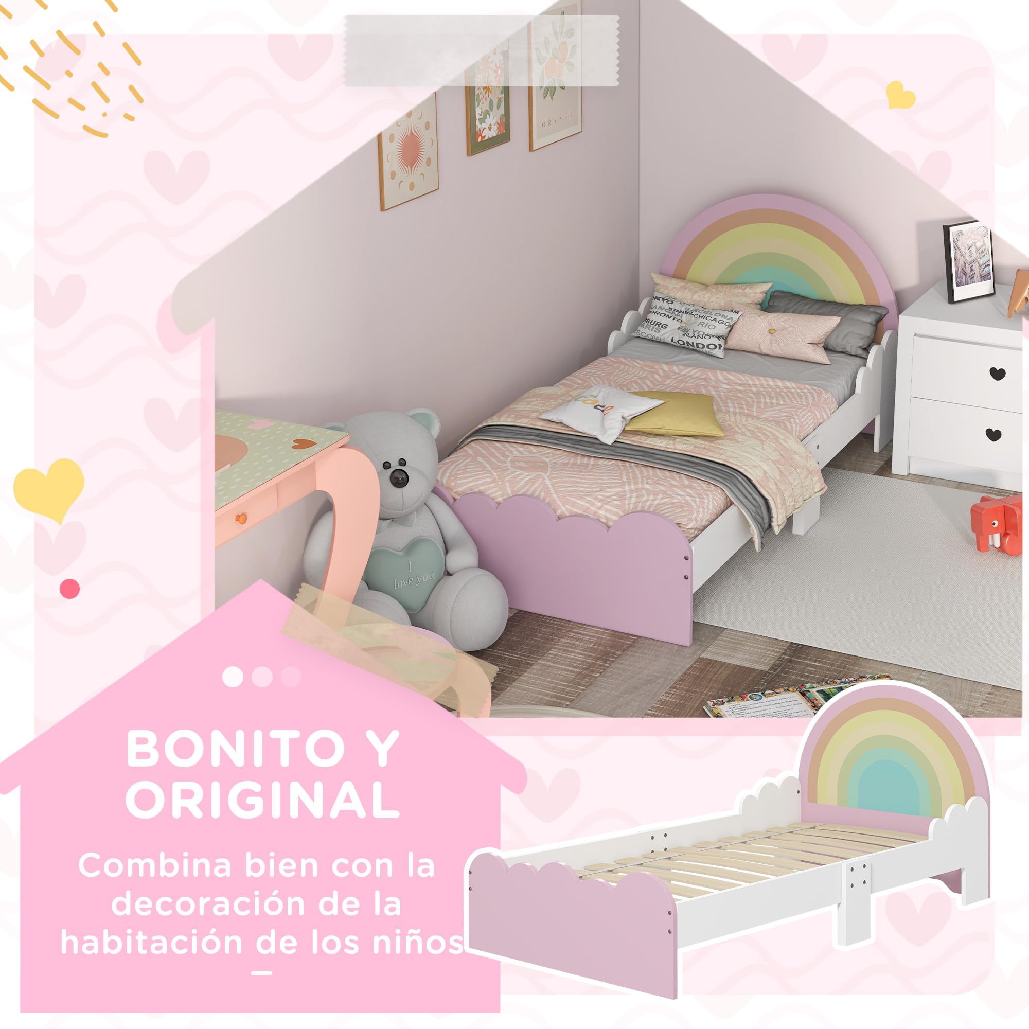 ZONEKIZ Cama para Niños de 3-6 Años 143x74x66 cm Cama Infantil de Madera en Forma de Arcoíris Mueble de Dormitorio Moderno Carga 80 kg Rosa