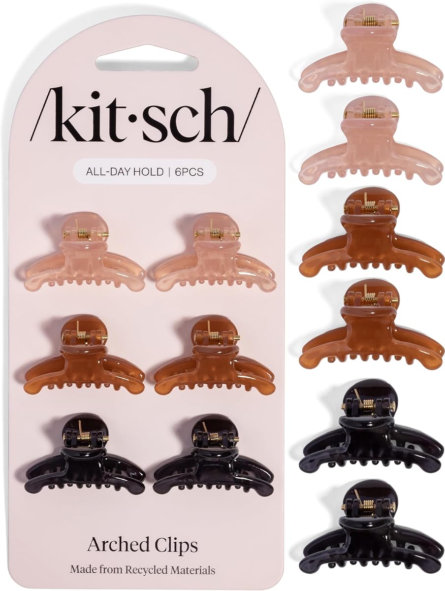 Arched Small Hair Clips - Glossy Soft Pink Mocha Black, 6pc Set | Secure Hold Mini Hair Clips – Great For Styling Sections – Recycled Plastic Hair Accessories For Women